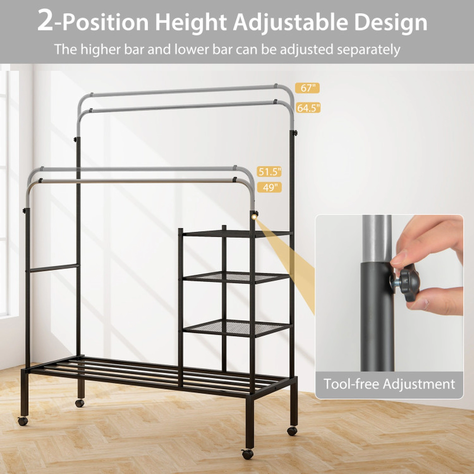 SUGIFT Rolling Double Rods Garment Rack with Height Adjustable Hanging Bars 150-lb Capacity Black + Silver