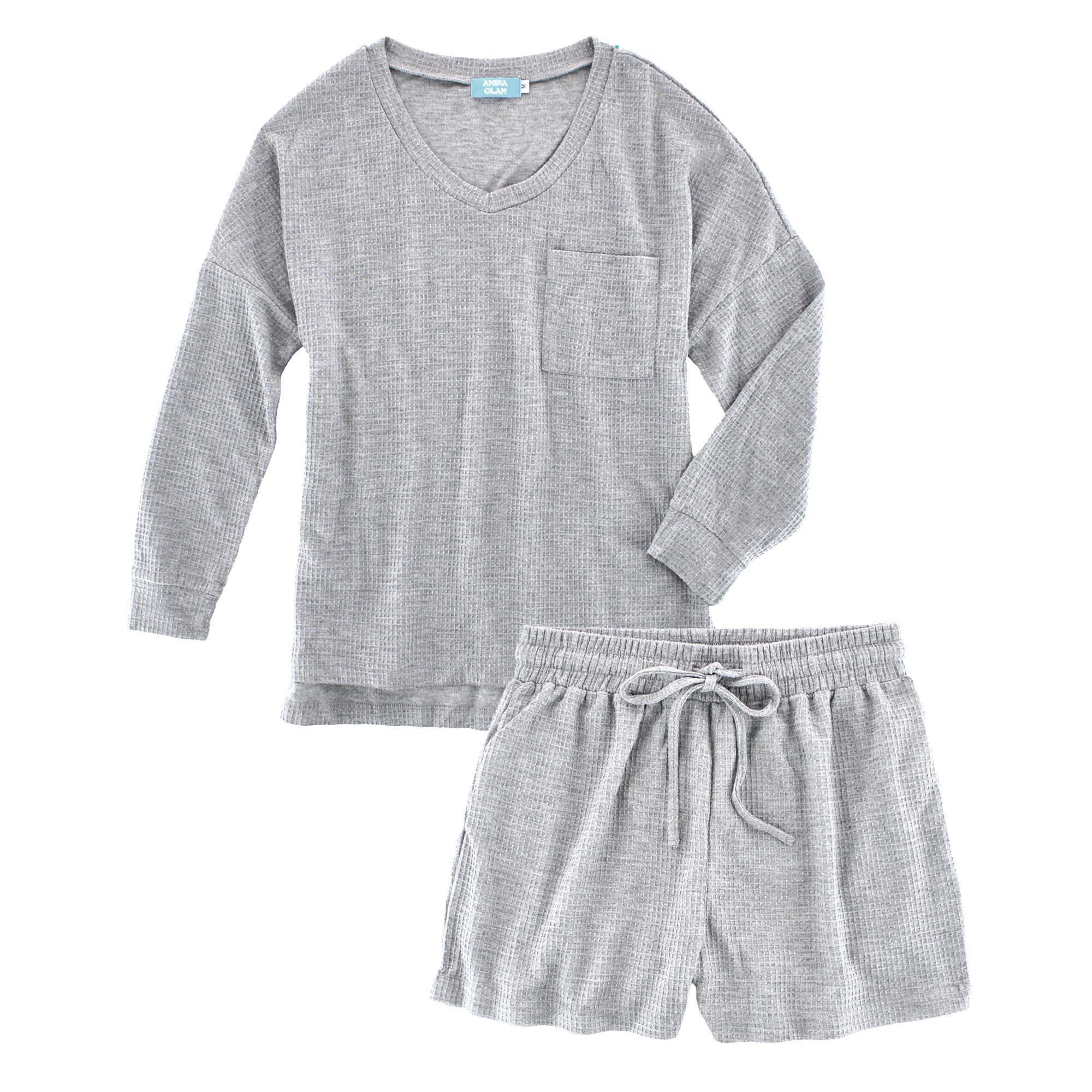 CTM Women's Waffle Knit V Neck Pajama Set