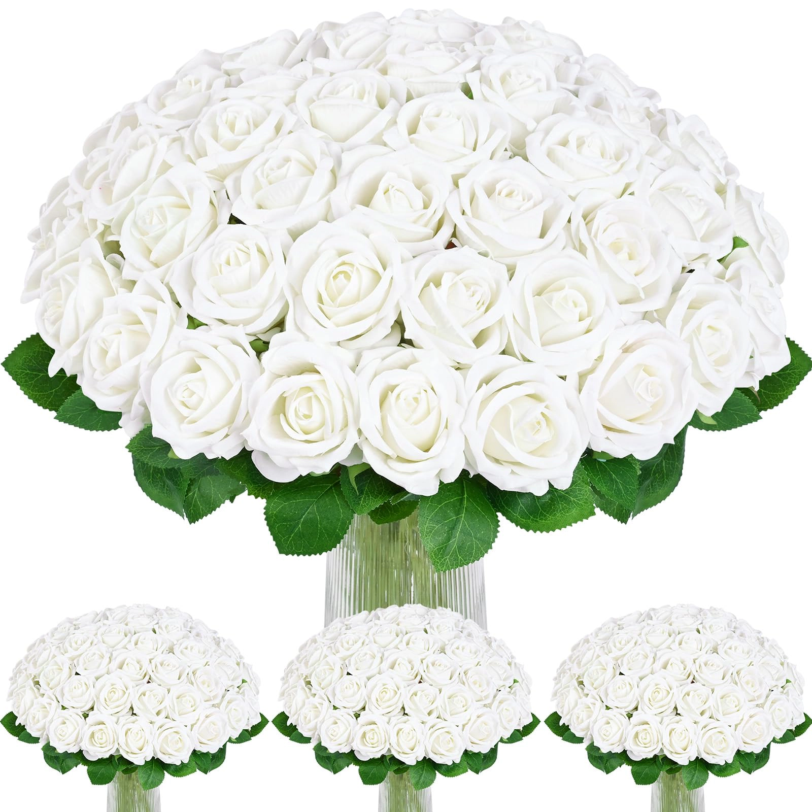 PUPWE 50White Roses Artificial Flowers  Real Touch Bouquet