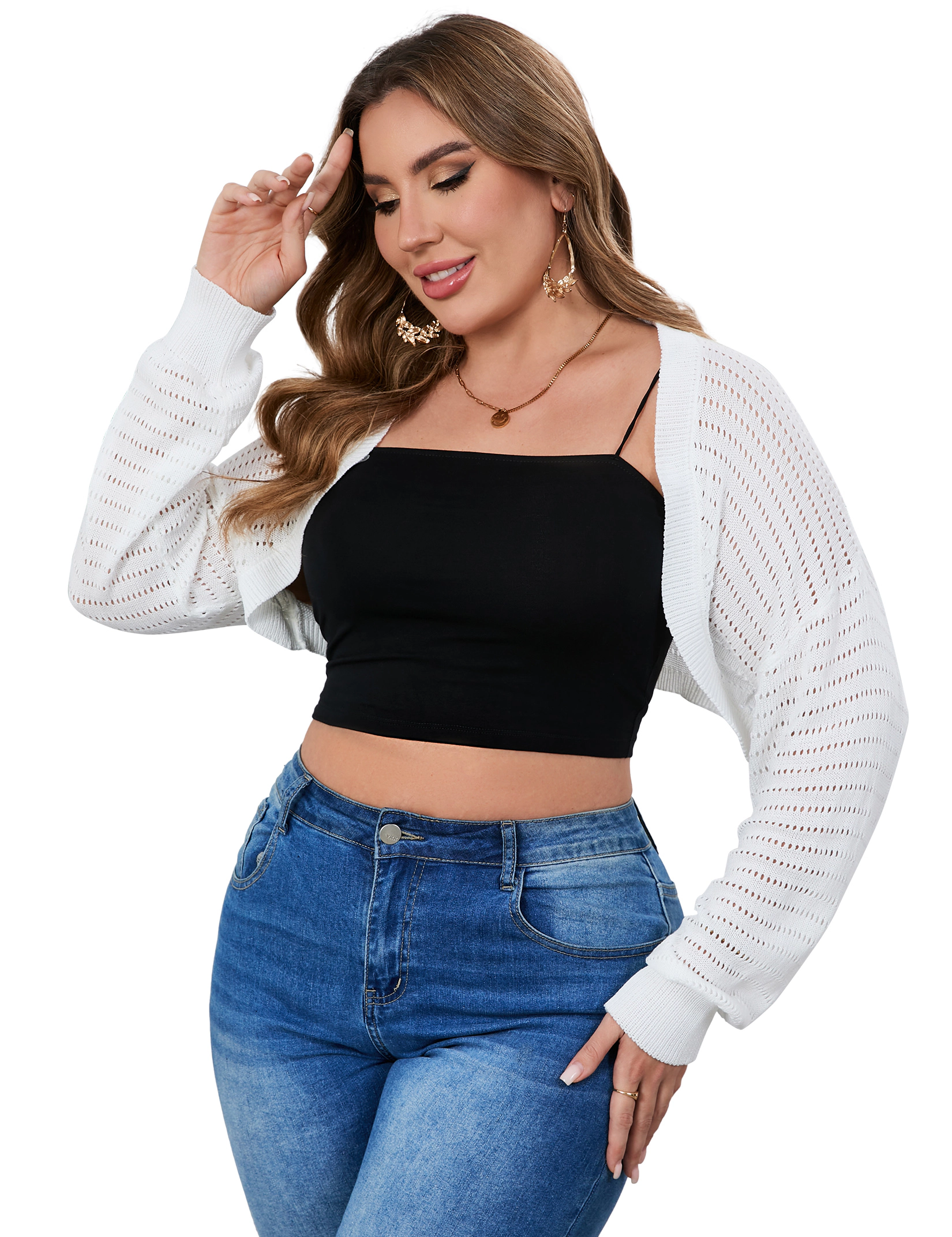 KOJOOIN Women's Plus Hollow Knit Cardigan Lightweight V Neck Long Sleeve Crop Shrug Top