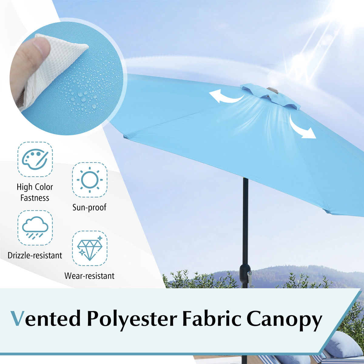 SUGIFT 10-ft Blue Market Table Patio Umbrella with Push Button Tilt Crank Lift and 8 Steel Ribs for Garden