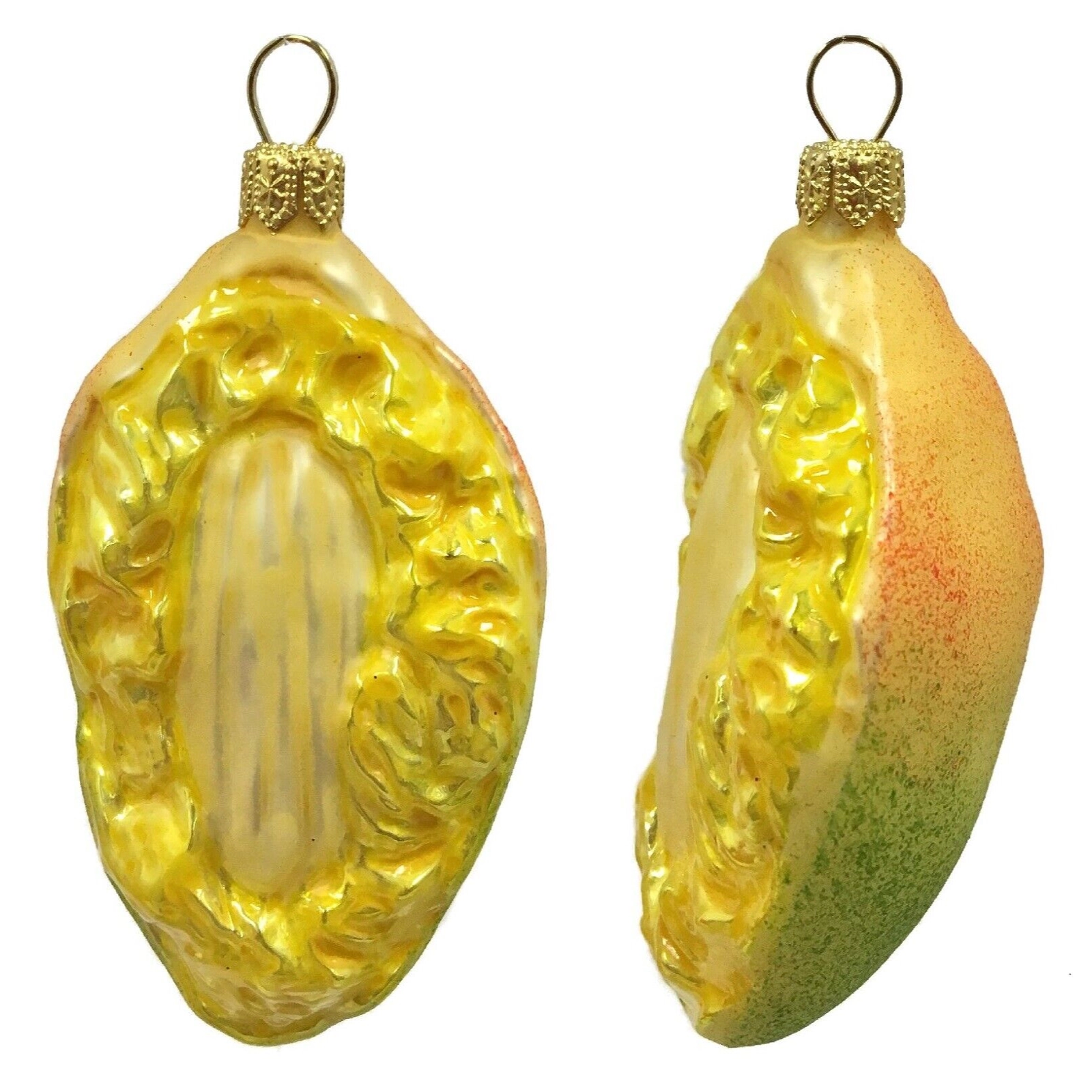 Pinnacle Peak Trading Company Slice of Mango Fruit Polish Glass Christmas Ornament Food Decoration Set of 2