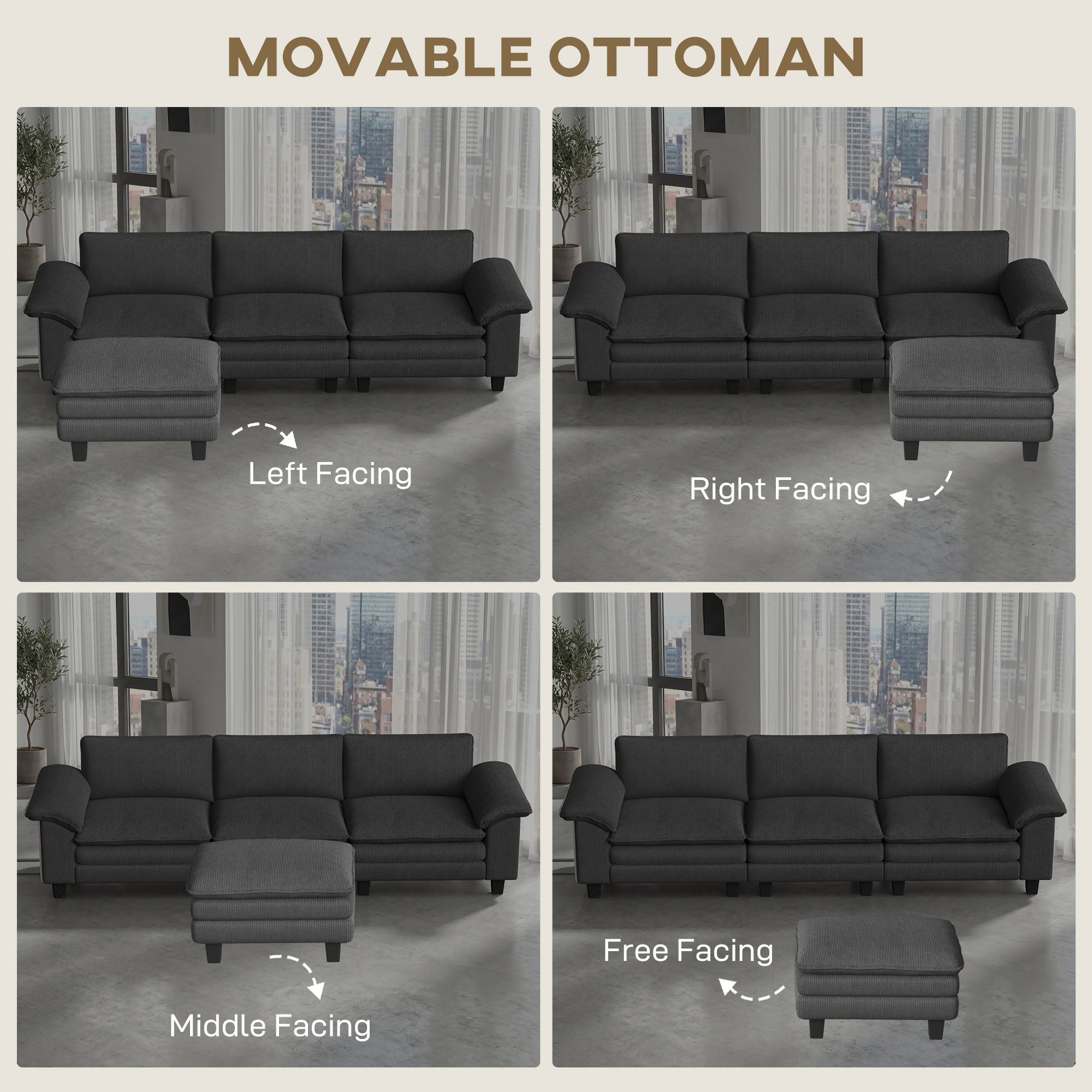 Hivvago L-Shaped Sectional Sofa With Movable Ottoman
