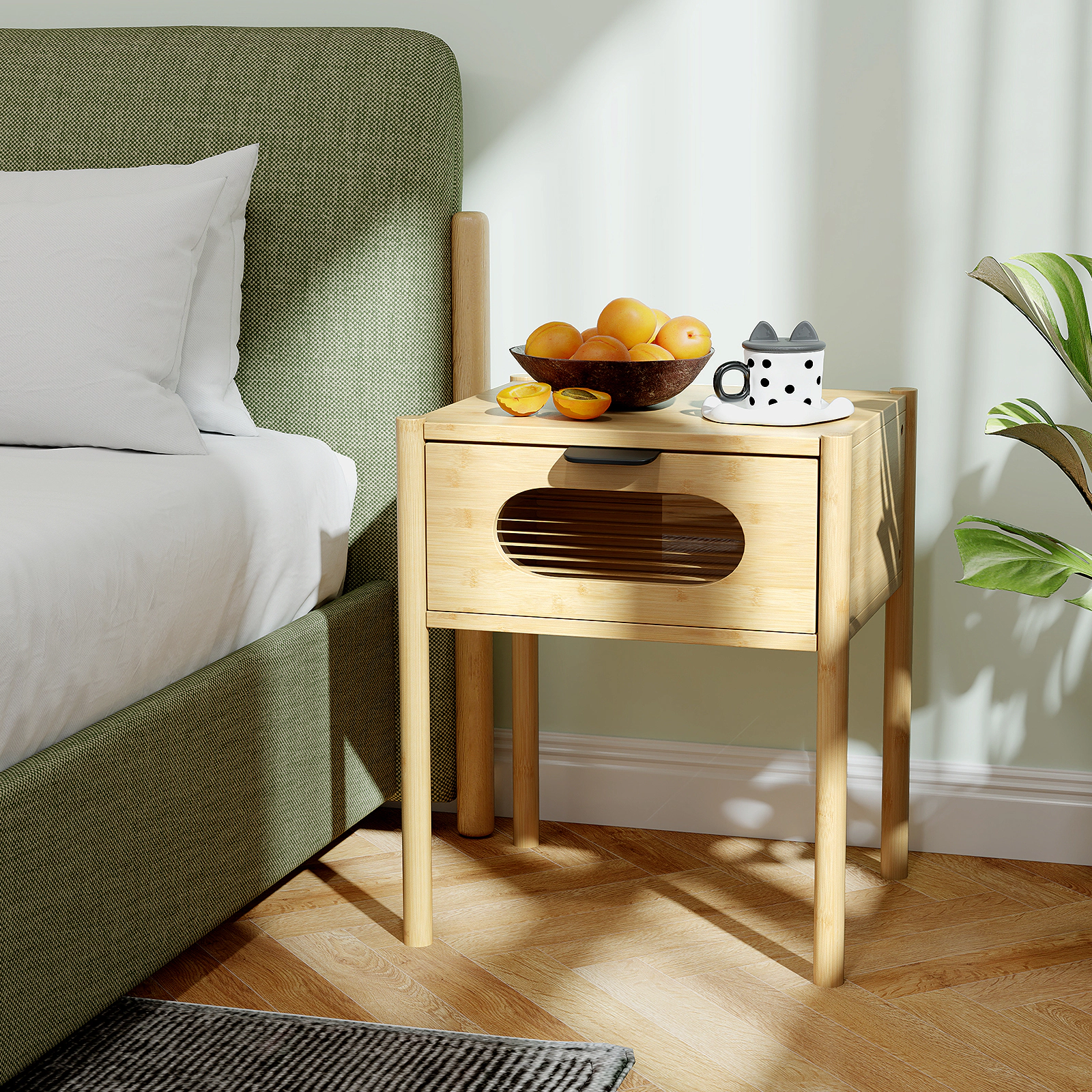 Hivvago Bamboo Nightstand Square Tall End Table with Decorated Drawer-Natural