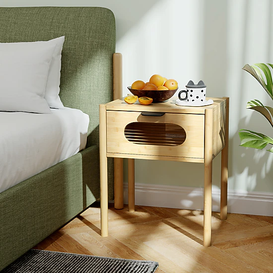 Glintex Tall Bamboo Nightstand with Reeded Tempered Glass Drawer Front, Natural