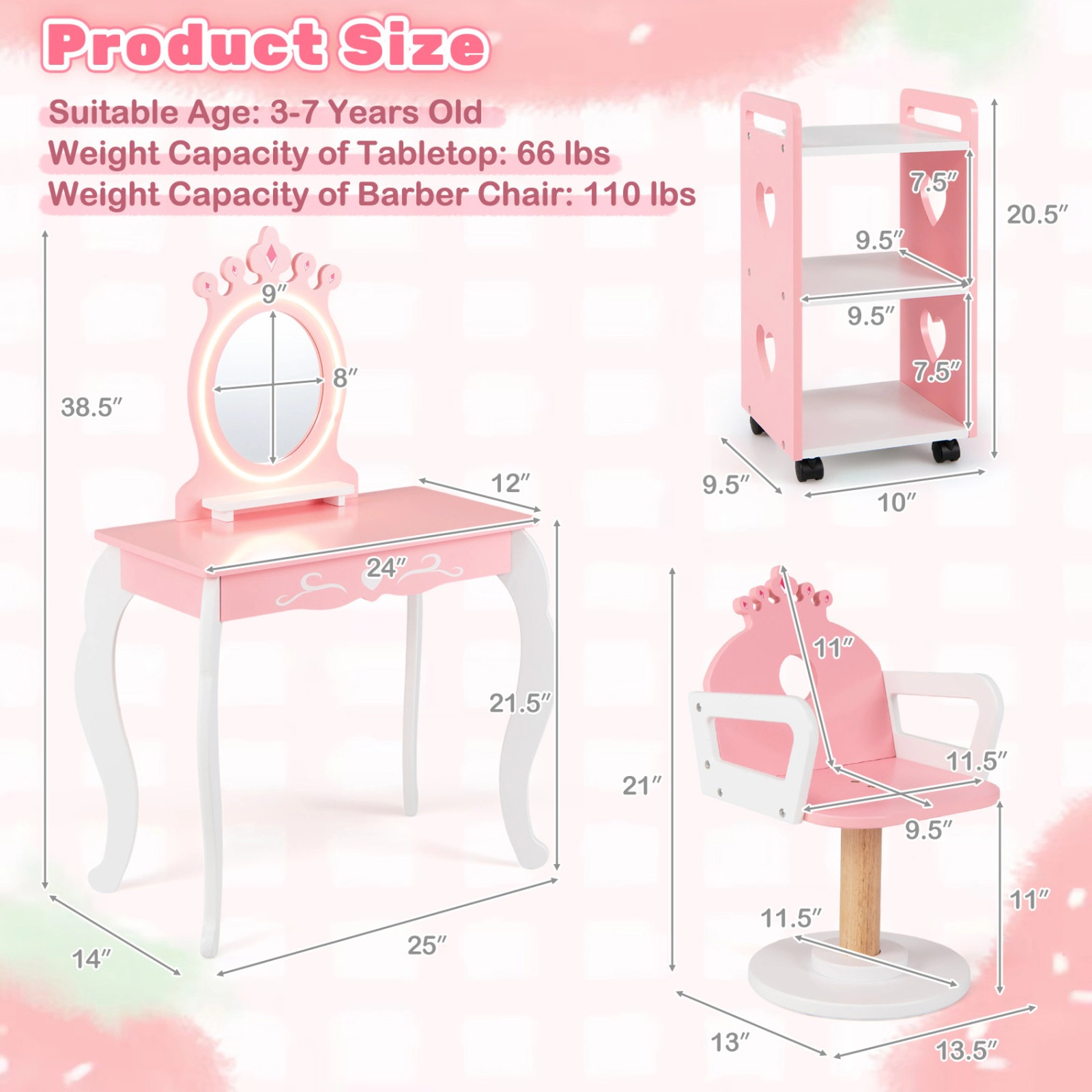SUGIFT Kids Hair Salon Playset, Pink and White Vanity with Lighted Mirror, Swivel Chair and Rolling Trolley