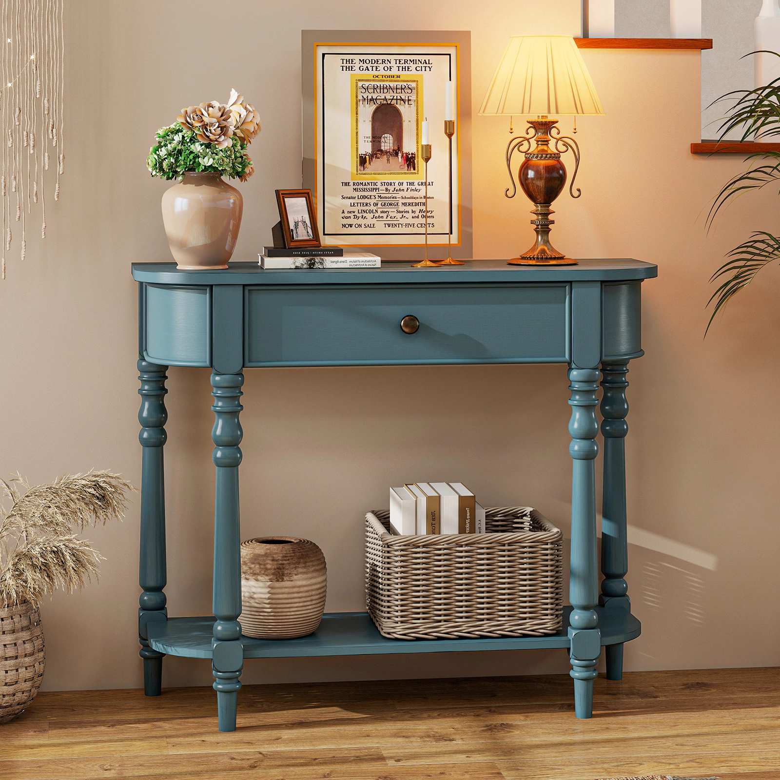 SUGIFT 2-Tier Turned Solid Wood Legs Storage Drawer Retro Console Table 36-in x 13-in x 31-in 220-lb Capacity Blue
