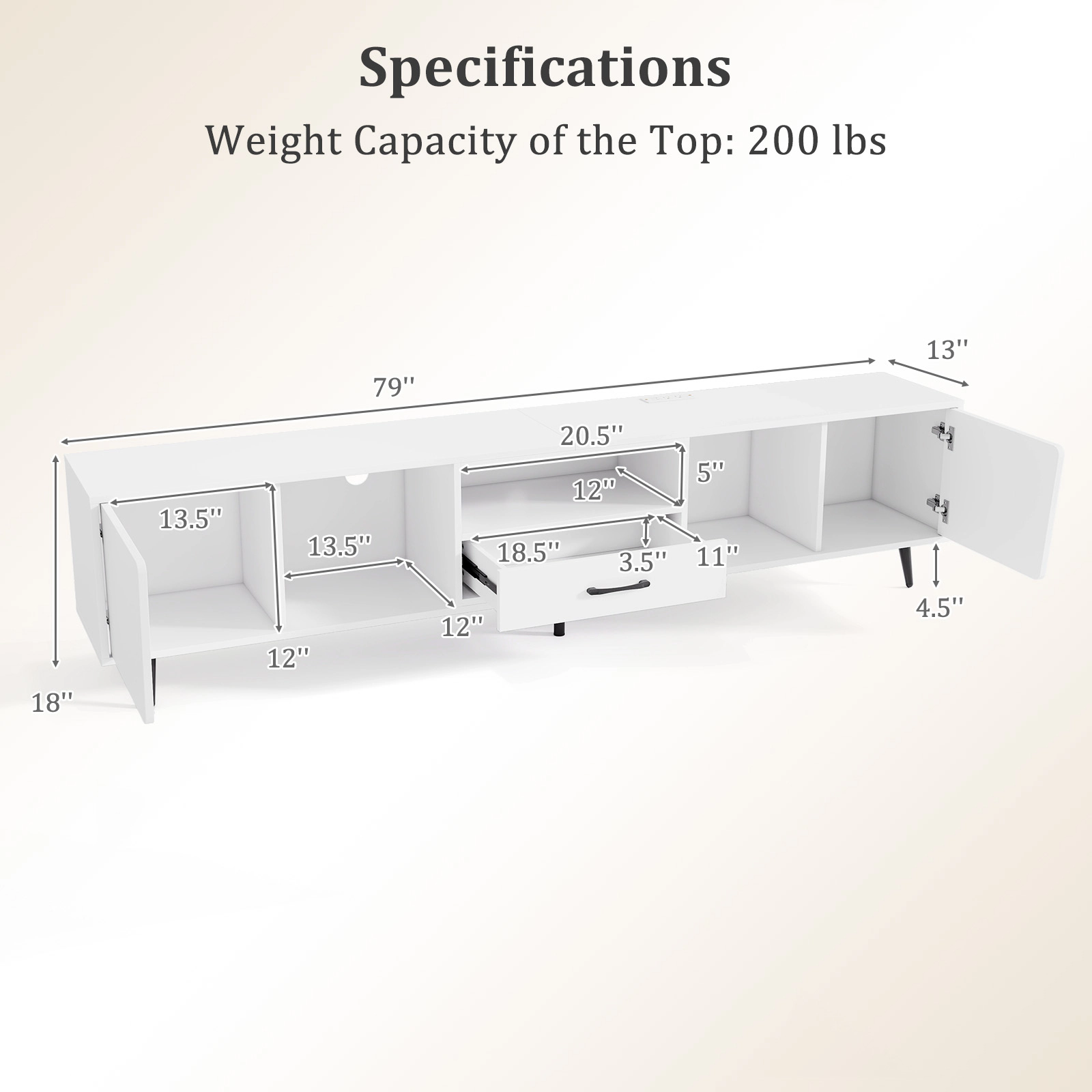 Glintex 79-Inch TV Stand with Charging Station for TVs up to 90 Inches, White & Black