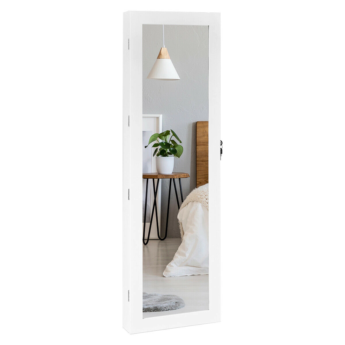 Slickblue 56.5 Inch Wall Mounted Lockable Jewelry Cabinet with Full-Length Mirror and LED Lights