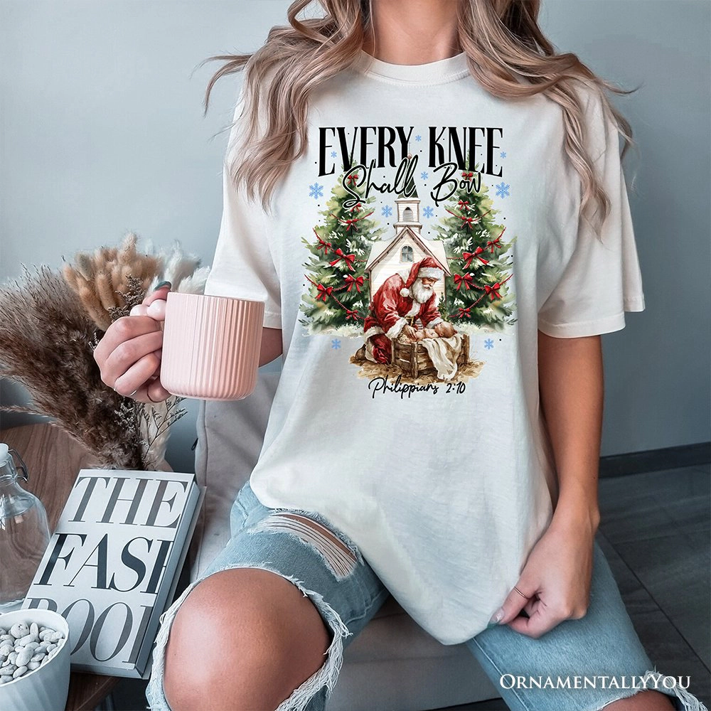 OrnamentallyYou Unisex Every Knee Shall Bow" Nativity Santa Christmas T-Shirt