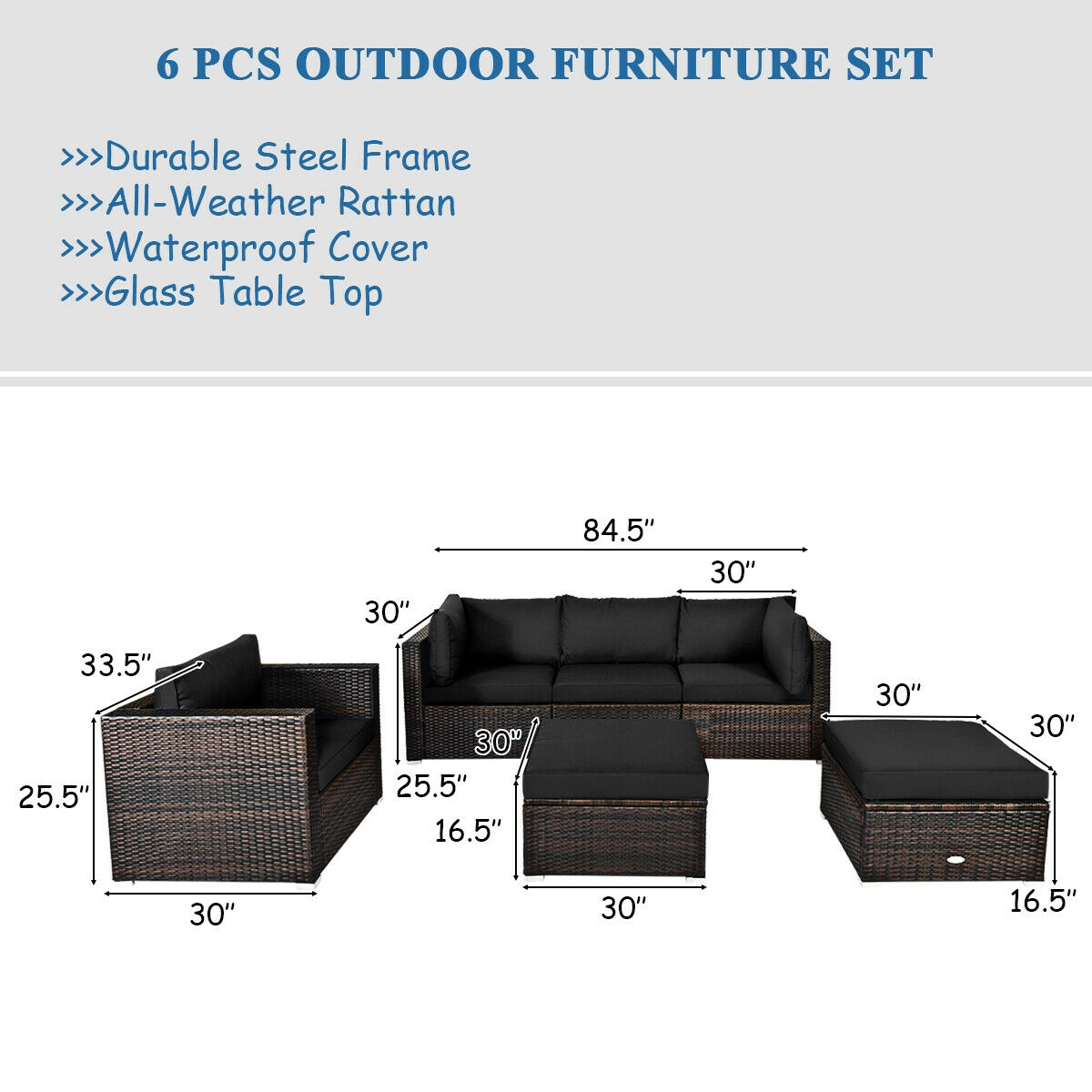 SUGIFT 6-Piece Black PE Rattan Patio Sectional Set with Glass-Top Ottomans and 4-Inch Cushions