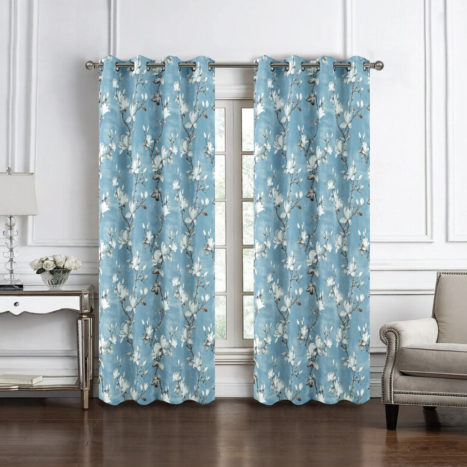 Olivia Gray 100% Polyester 200 GSM Blossom Printed Blackout Grommet Curtain Panel 54" x 90" Blue