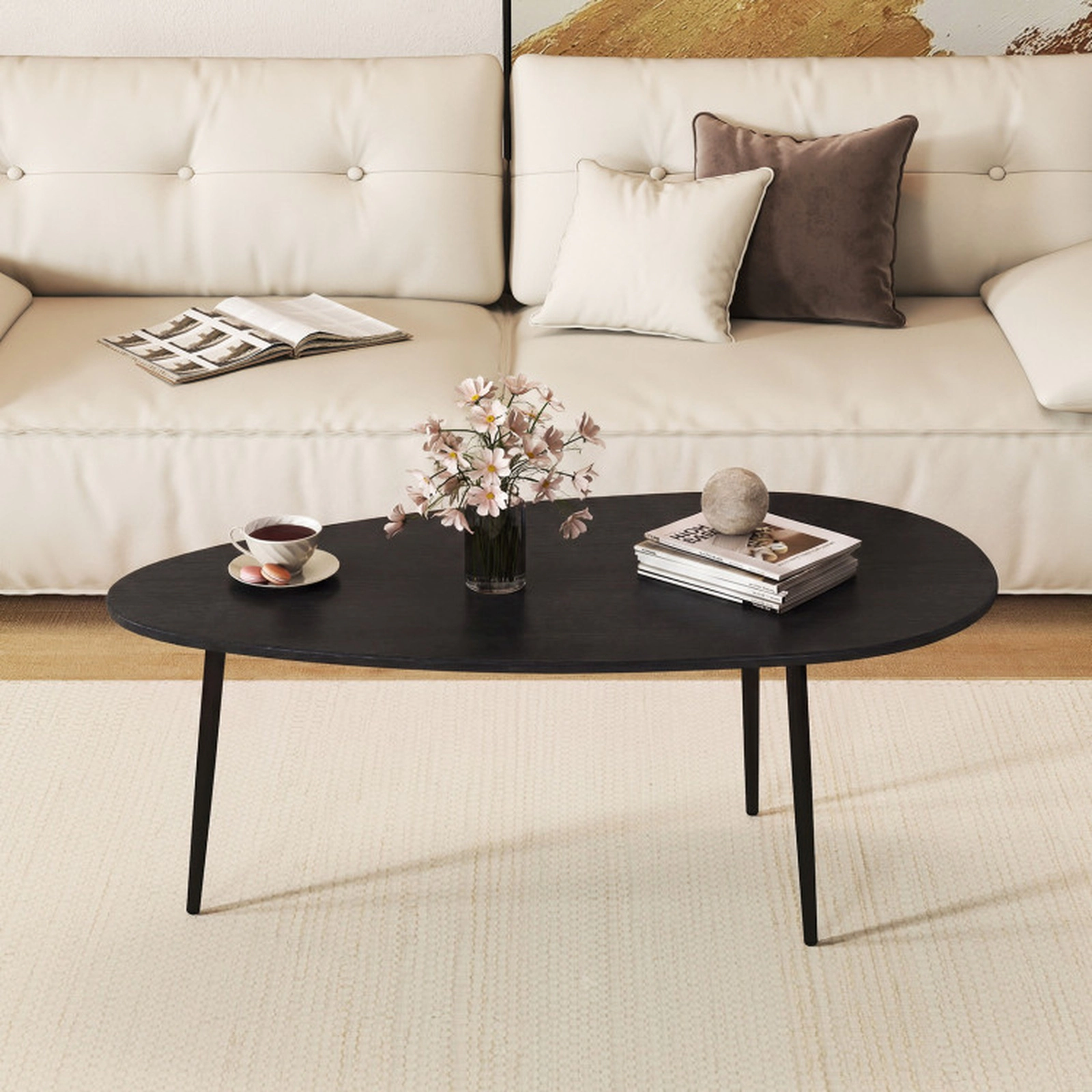 SUGIFT Irregular Oval Top Tapered Metal Legs Mid Century Coffee Table 42.5-in x 22-in x 17-in 99-lb Capacity Black