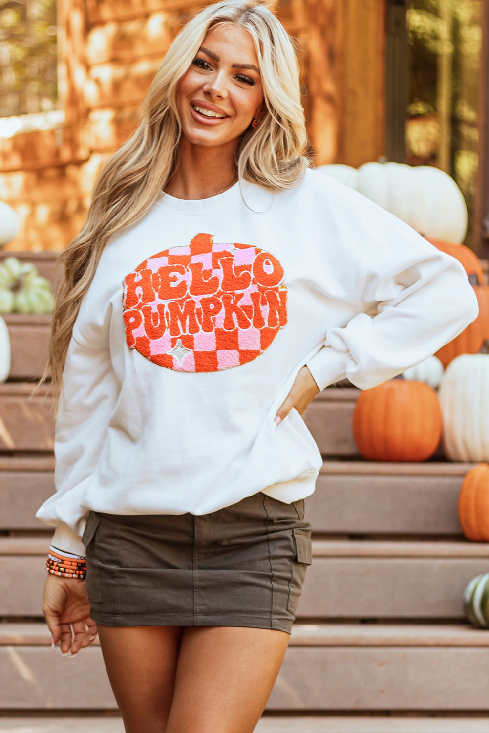 Threaded Pear Women's Blair Halloween Pumpkin Patched Pullover Sweatshirt