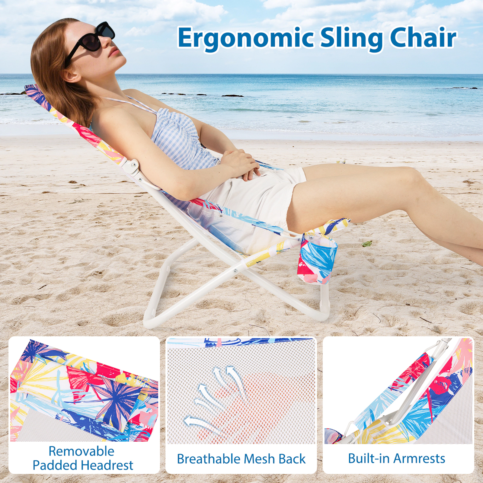SUGIFT Set of 2 Pink Low Folding Beach Sling Chairs with Headrests, Cup Holders and Towel Racks