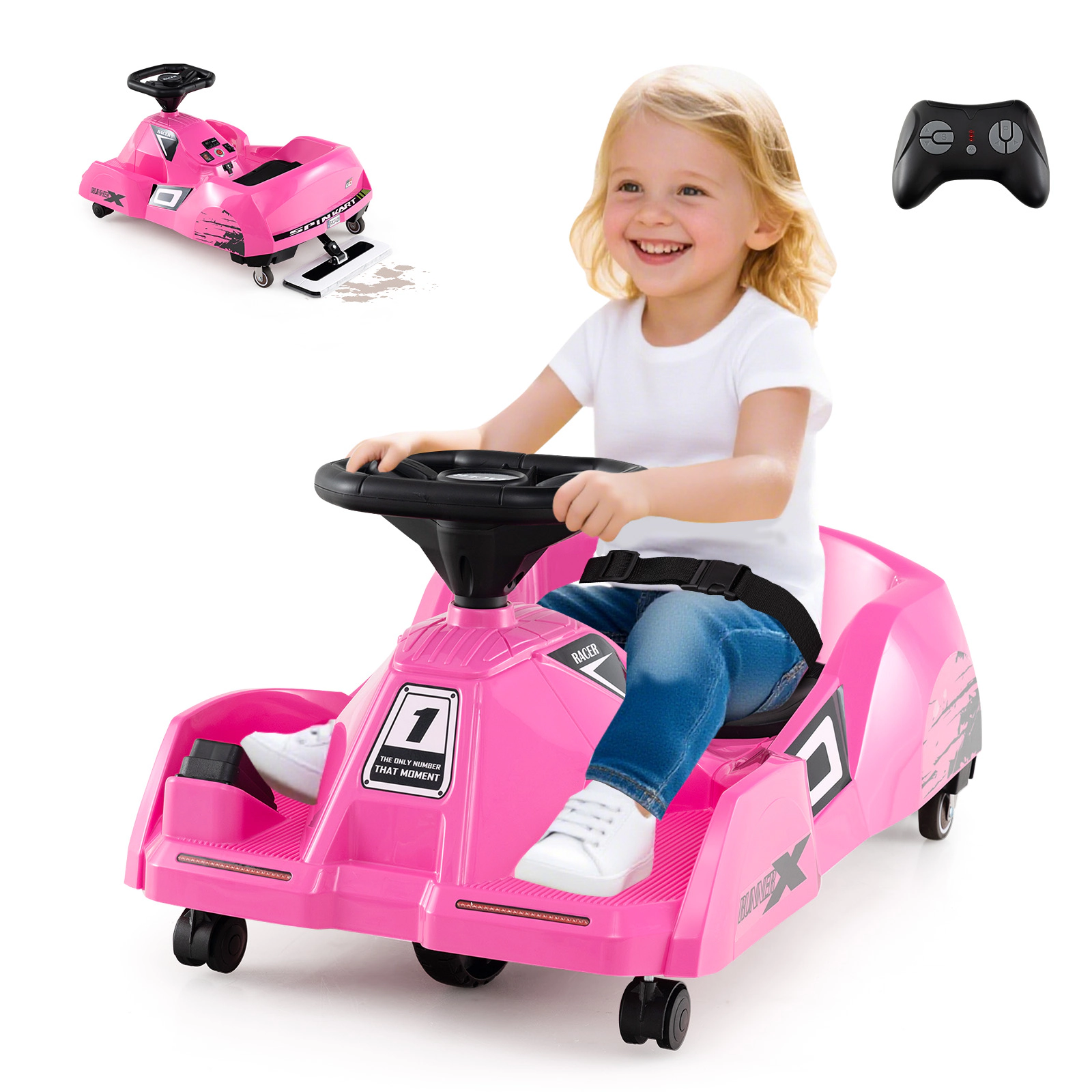 SUGIFT Pink Detachable Mop and Remote Control 12V Kids Electric Cleaning Go Kart