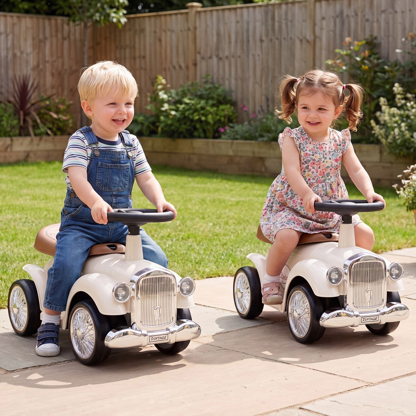 Kids Sit to Stand Ride on Vehicle Working Steering Wheel Under Seat Storage Retro Styling 18-36 Months 55-lb Limit