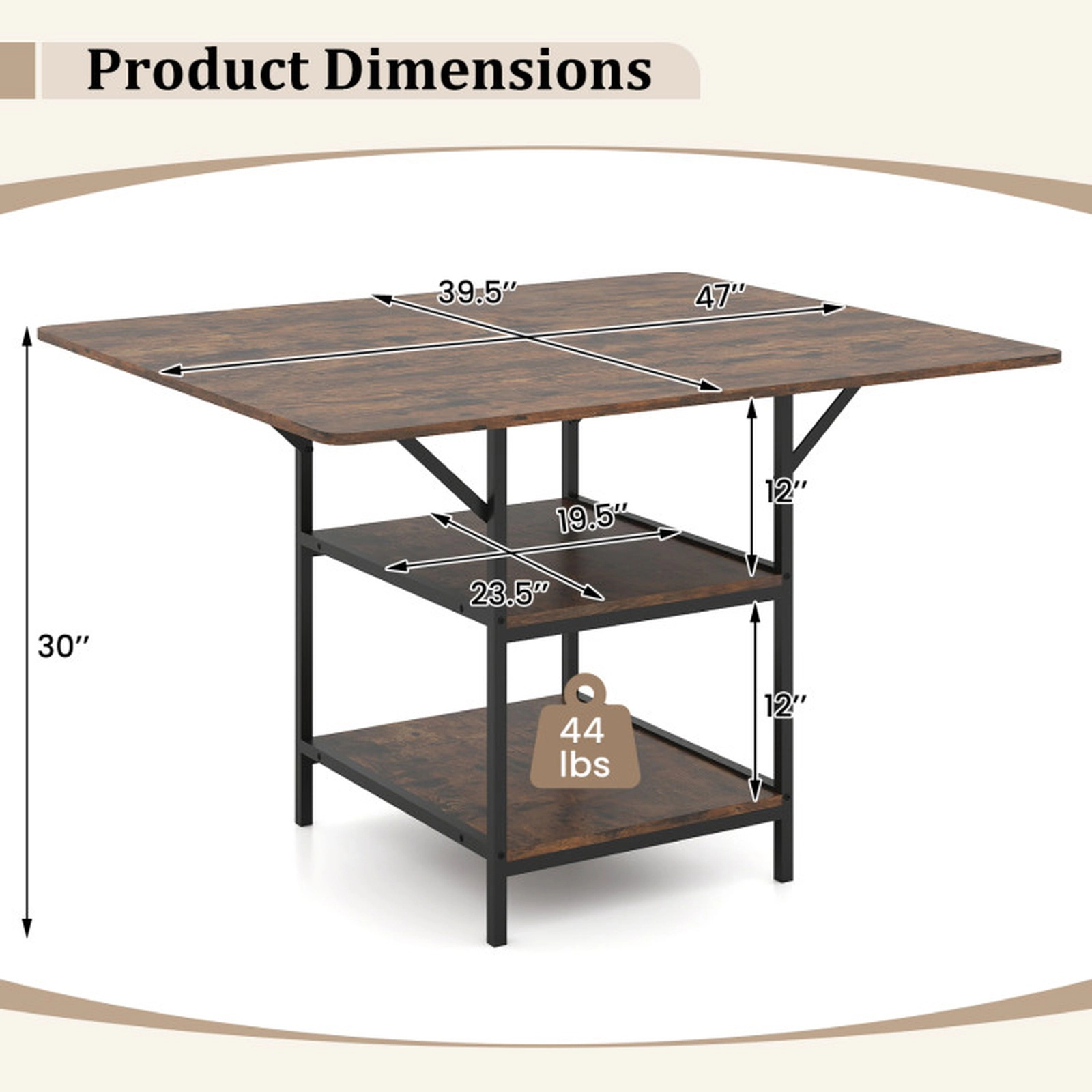 SUGIFT 47-in Rectangular Dining Table 2 Open Storage Shelves 155-lb Tabletop Capacity for 4-6 People Rustic Brown/Black