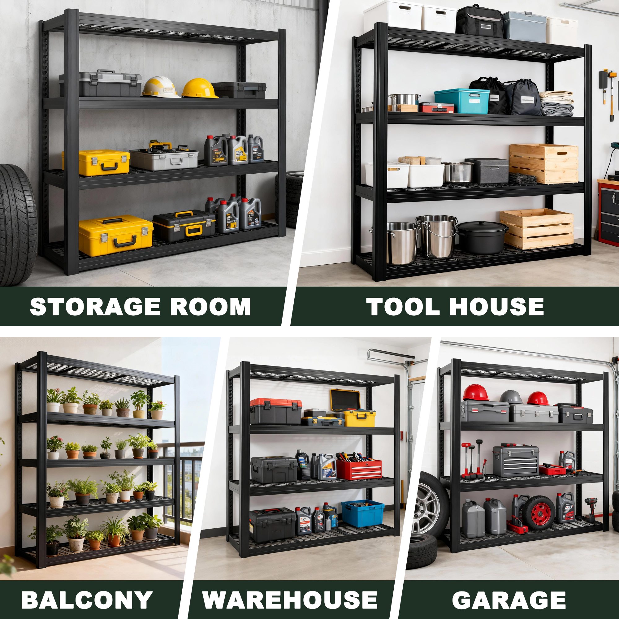 Flynama 4 Tier Heavy Duty Black Utility Shelving Unit 71 in W x 24 in D x 71 in H