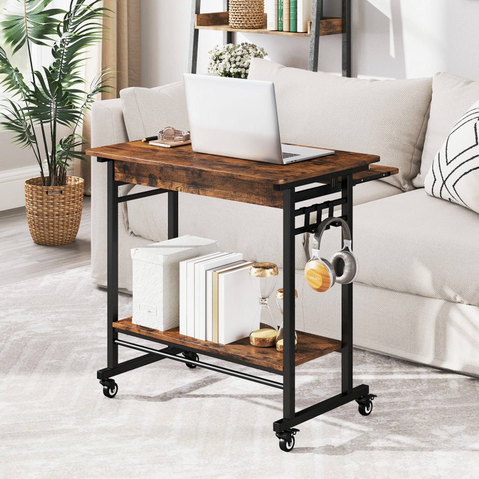 SUGIFT 31.5-in 160-lb Capacity Rolling Laptop Desk with Pull-Out Keyboard Tray 3 Hooks and Locking Casters