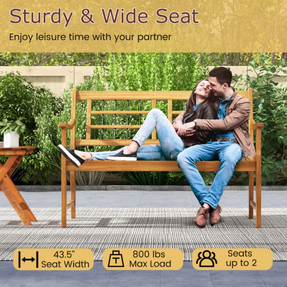Hivvago Patio Acacia Wood Bench With Curved Armrests Slatted Seat And Backrest