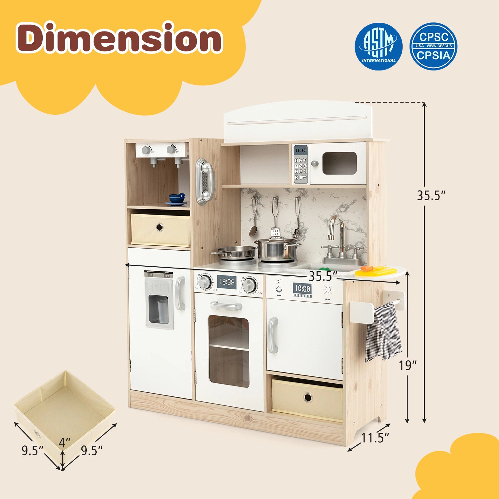Kids Kitchen Playset Remote LED Lights Toy Coffee Maker Ice Maker Fabric Bins 35.5-in x 11.5-in x 35.5-in White