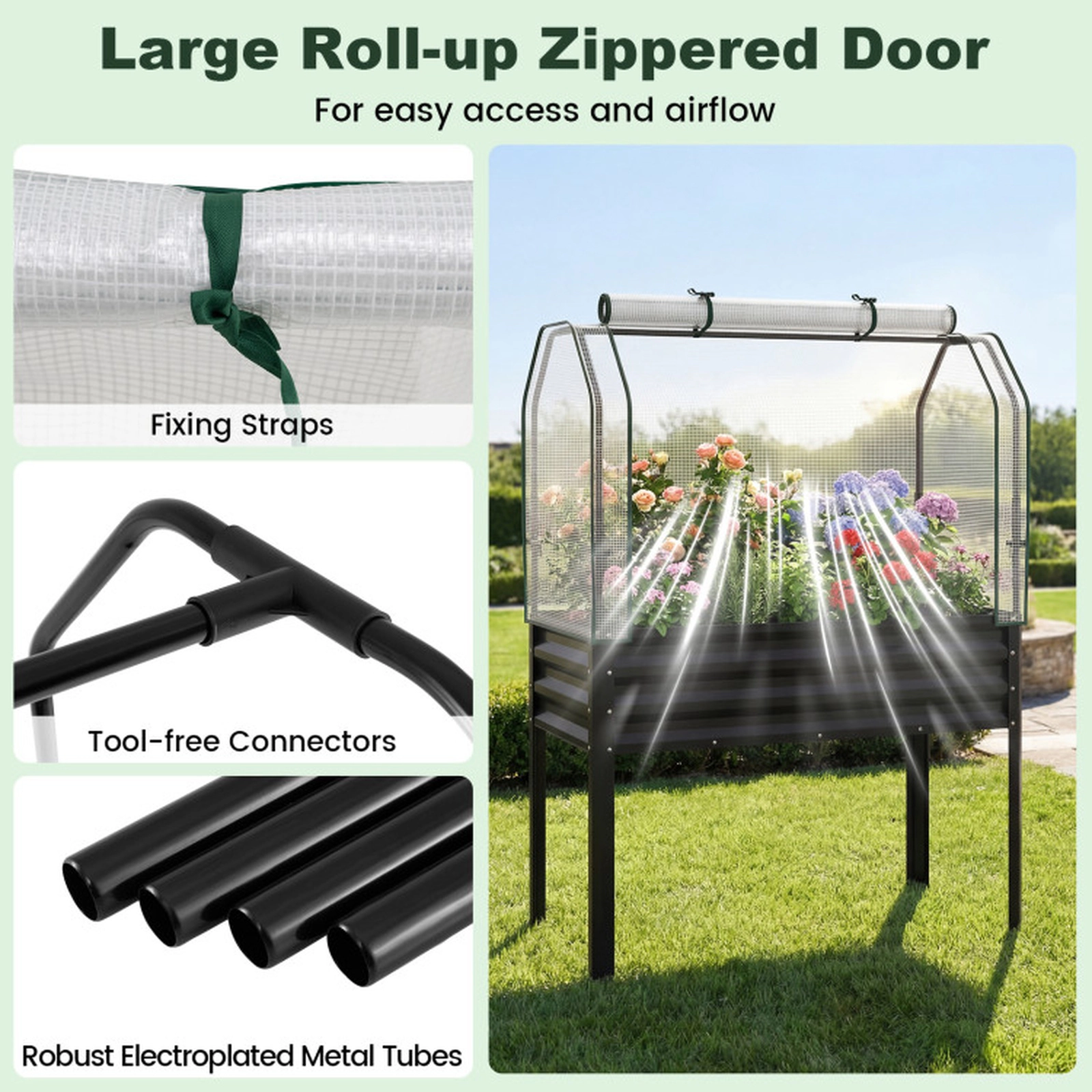 SUGIFT Galvanized Raised Garden Bed with Legs and Greenhouse Cover Outdoor Planter 175-lb Capacity 5 Cu.ft Soil Volume