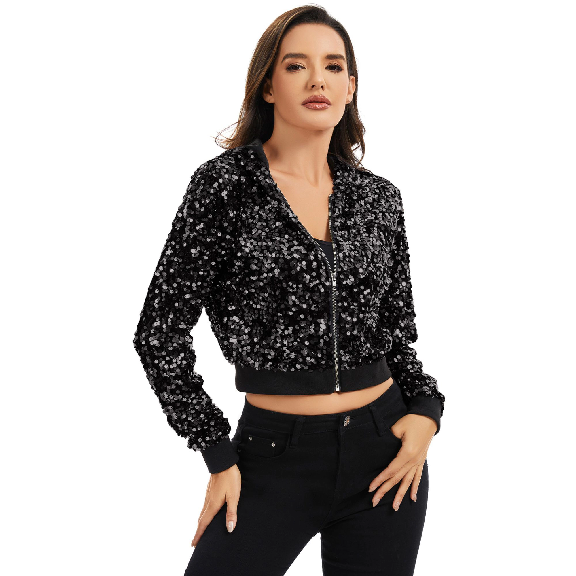 Anna-Kaci Women's Sequin Zip-Up Hooded Jacket with Ribbed Hem and Long Sleeves