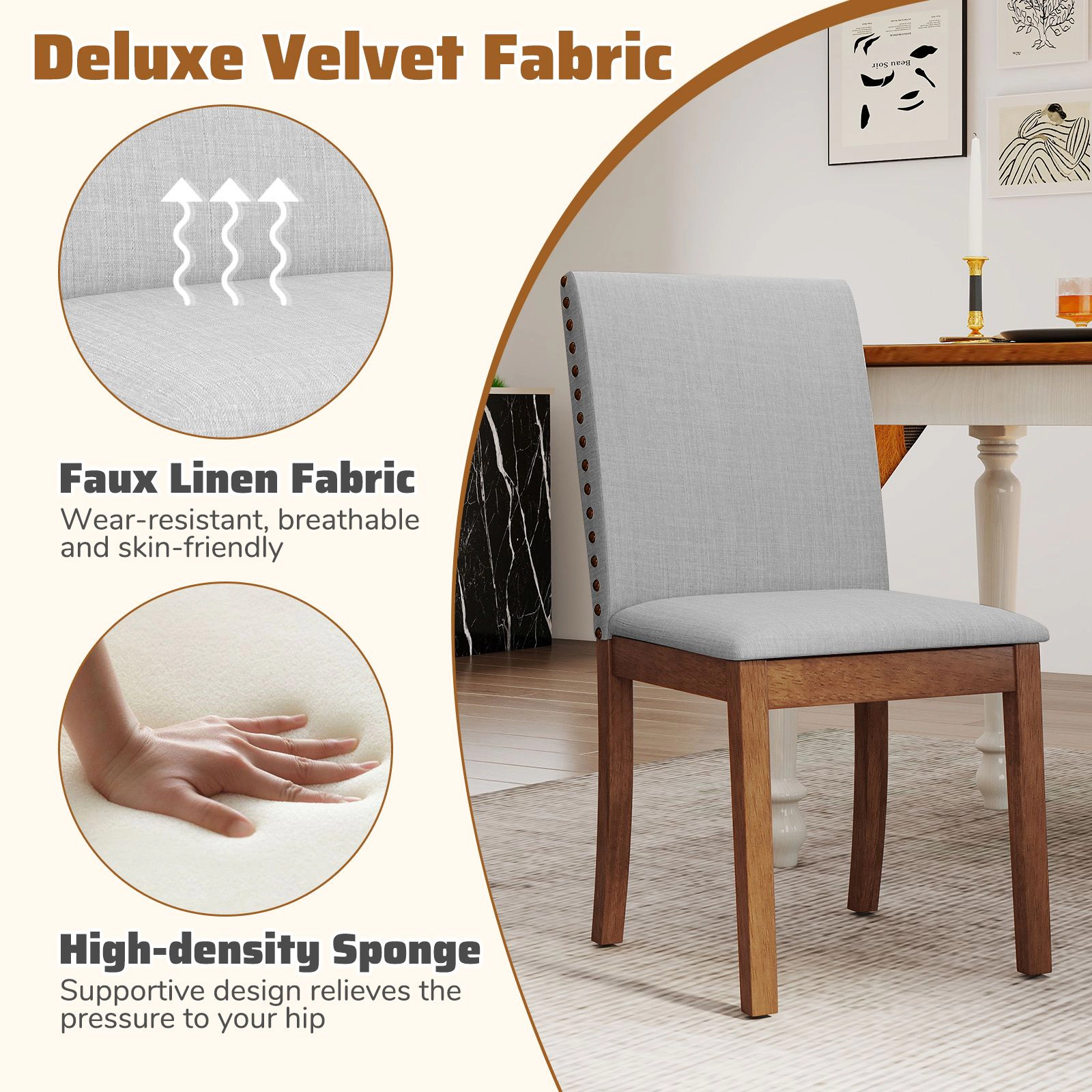 SlickBlue  Set of 2 Upholstered Dining Chairs, Walnut Frame, High Back