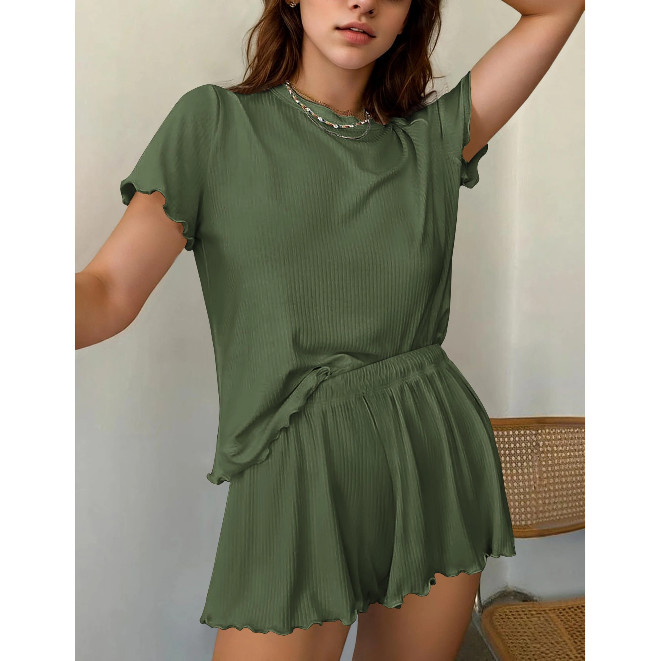 Ekouaer Womens Pajamas Two Piece Ribbed Knit Short Sleeve Sleepwear Set