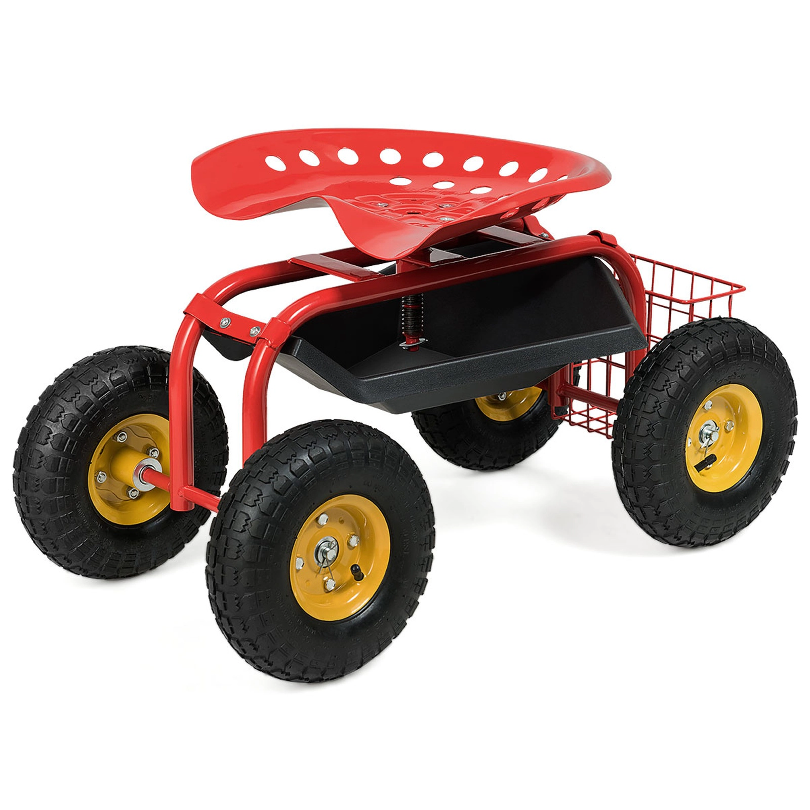 SUGIFT Rolling Garden Work Seat Cart with Adjustable 360-Degree Seat 330-lb Capacity with Tool Tray and Basket Red