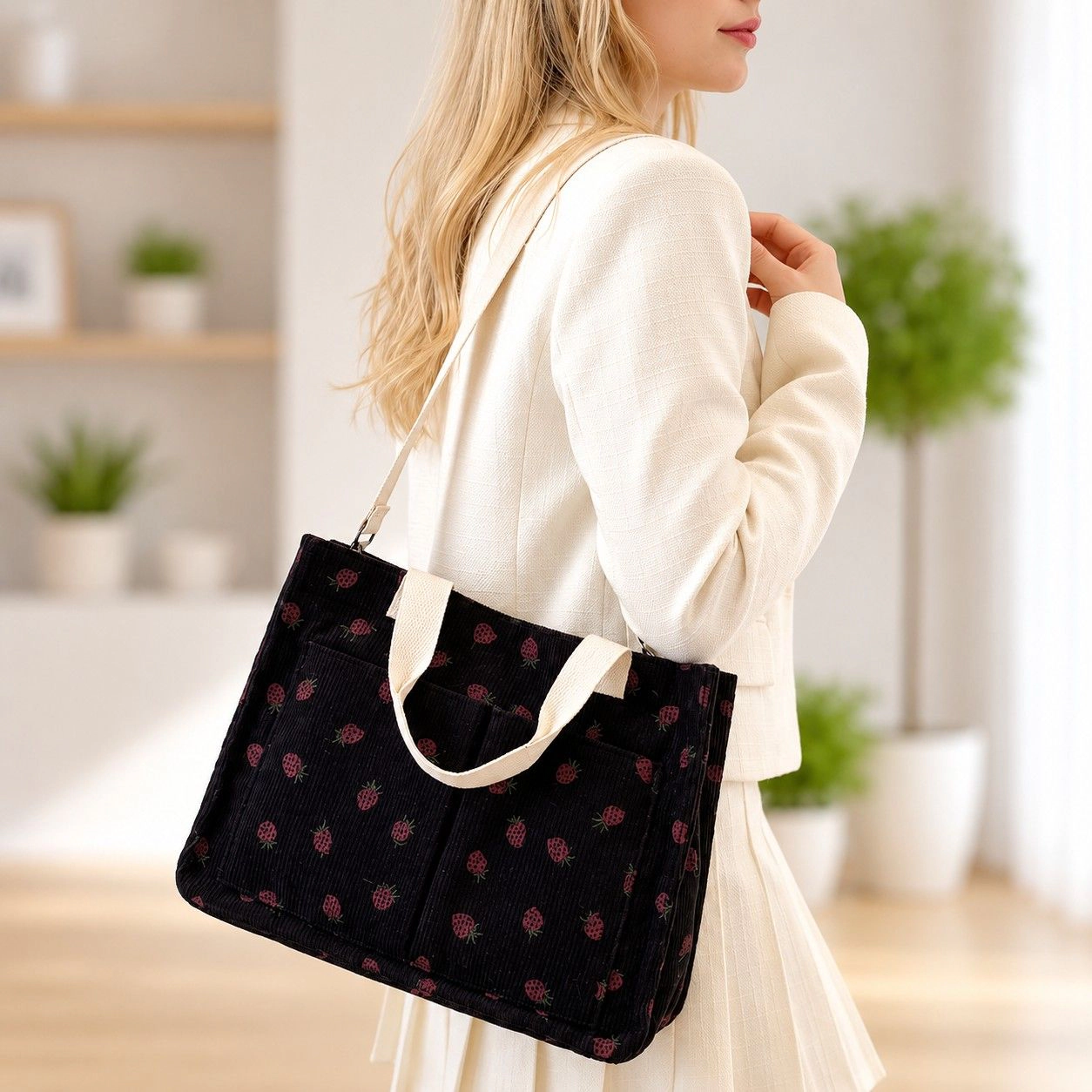 Alilang Women's Canvas Strawberry Print Tote Bag with Shoulder Strap and Side Pockets, Pink