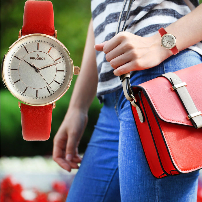Peugeot Women's 30mm Red Modern Calfskin Leather Strap Watch