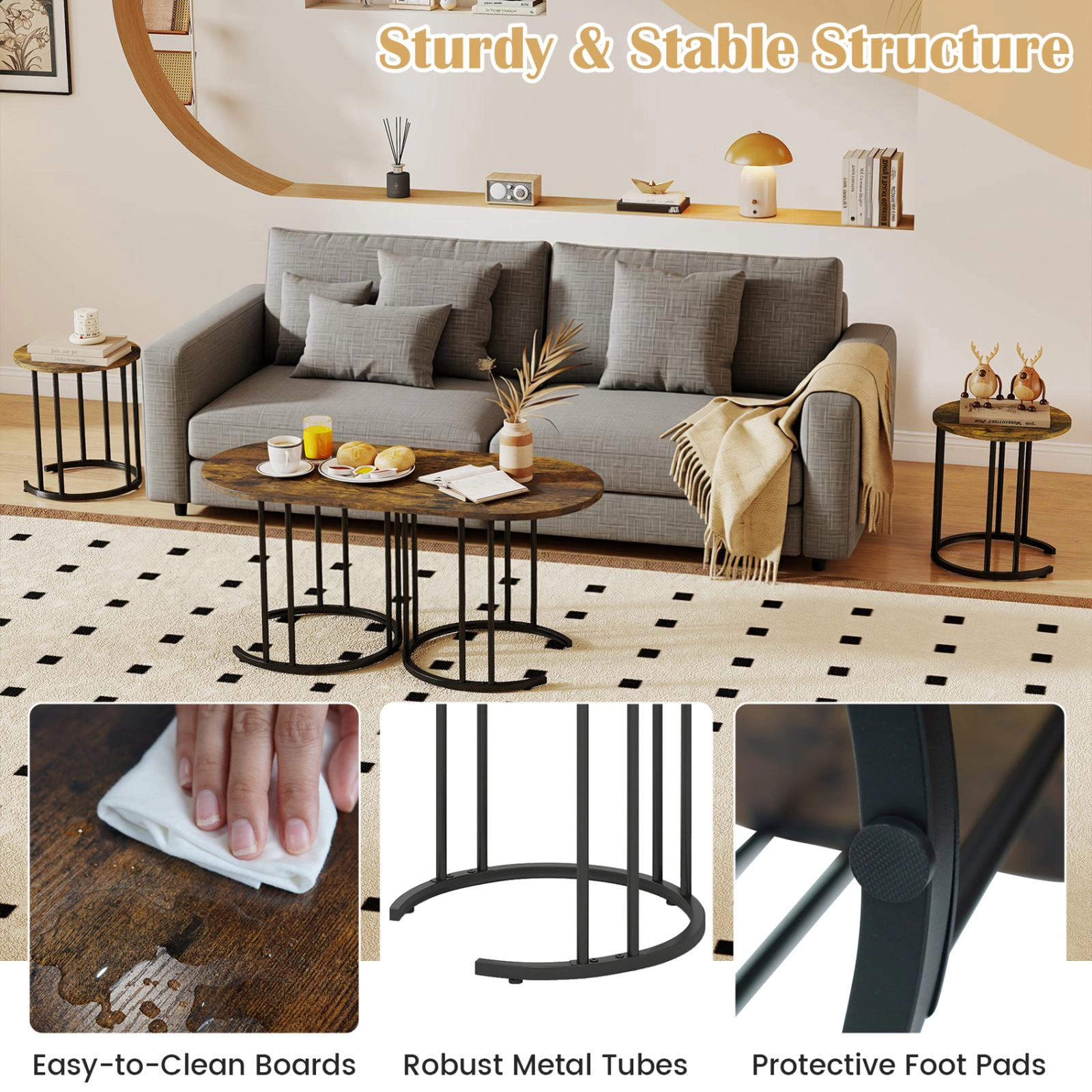 SUGIFT 3-Piece Faux Marble Nesting Coffee Table Set with Gold-Tone Metal Frames