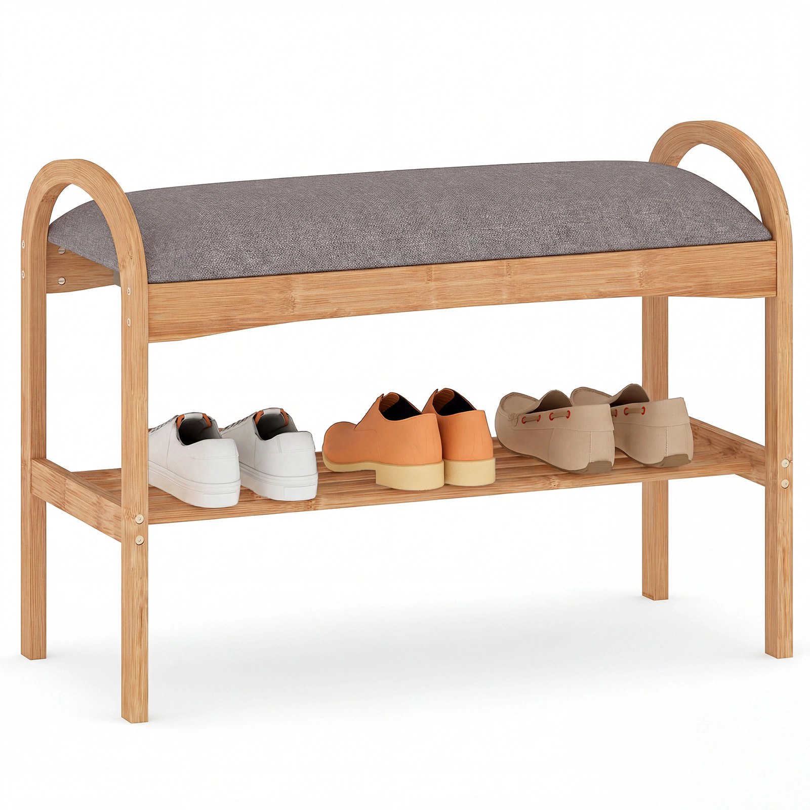 Glintex Compact Bamboo Shoe Bench with Slatted Shelf and Padded Cushion, Gray