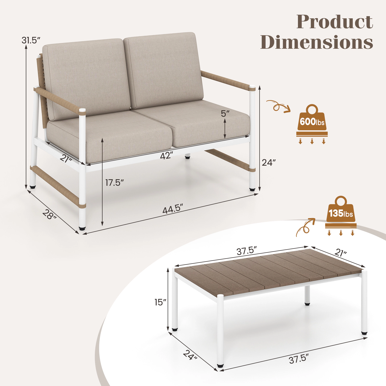 SUGIFT 5 in Thick Cushions Aluminum Frame Gray Patio Loveseat and Coffee Table Set