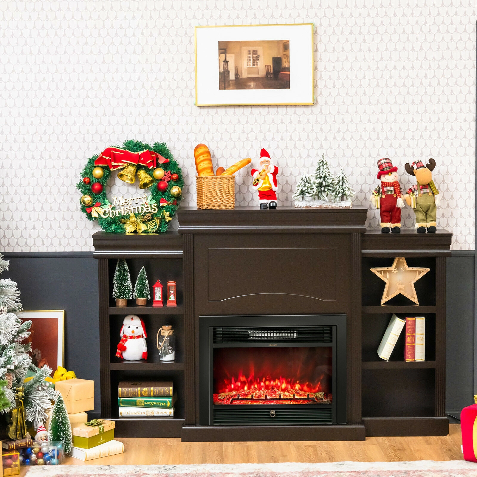 SUGIFT 70-Inch Brown TV Stand with Bookcase, 6 Open Shelves and 28.5-Inch Fireplace Opening