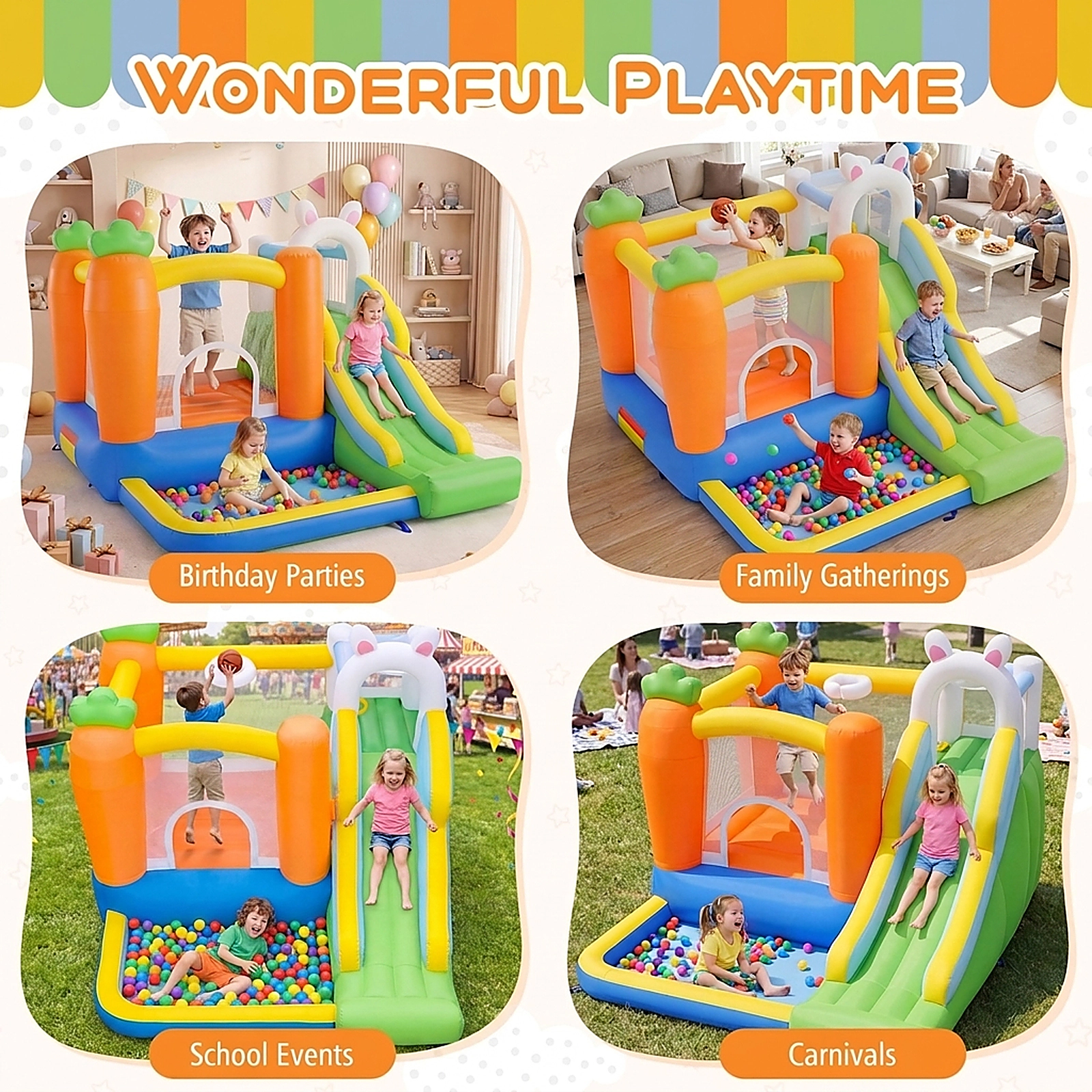 SUGIFT Multicolor Kids Bounce House with Climbing Wall Basketball Rim Slide and Ball Pit 110.5-in W 96.5-in D