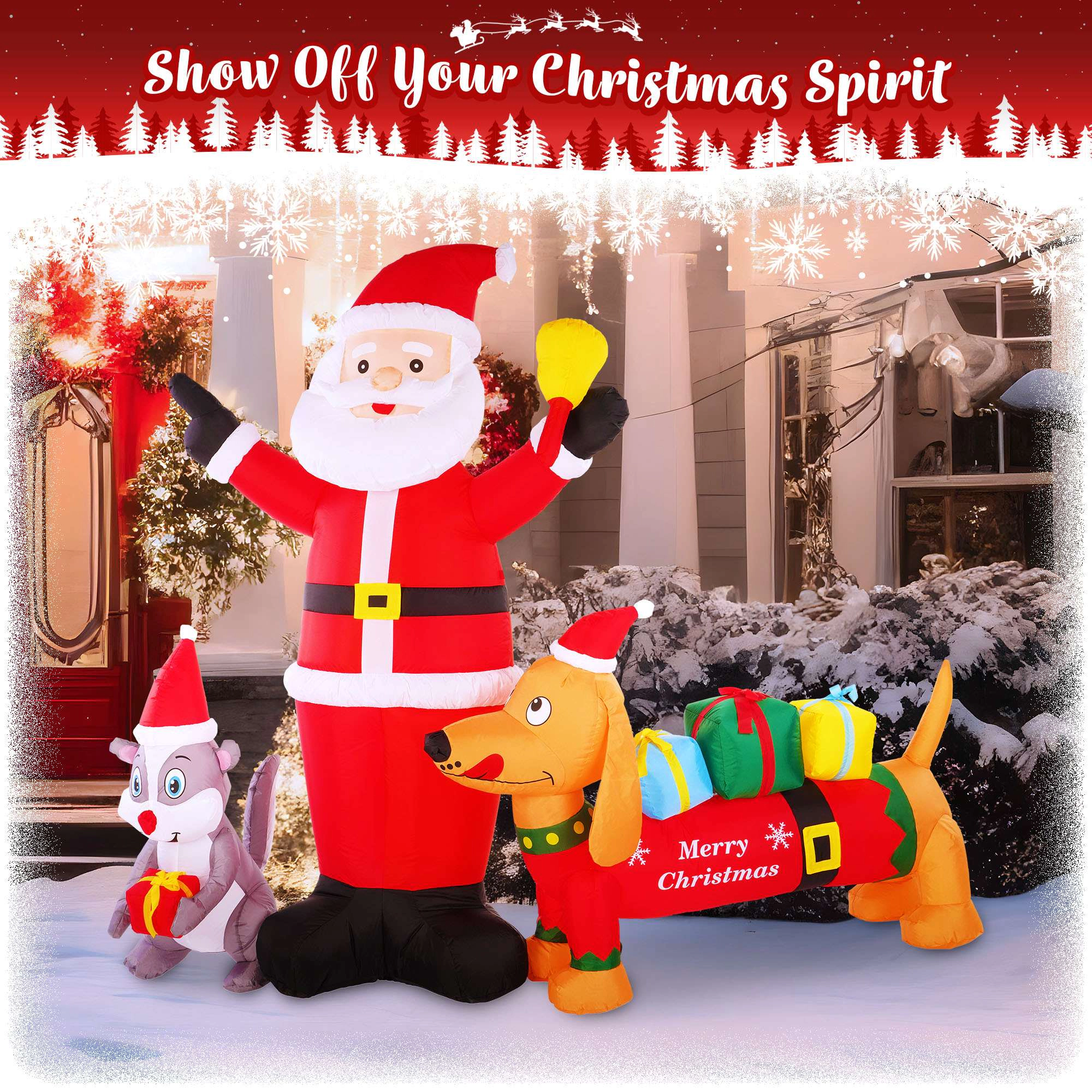 G128 6.5 ft Santa with Dog and Raccoon Inflatable Christmas Decoration with LED Lights, Fast Inflate, Weather-Resistant