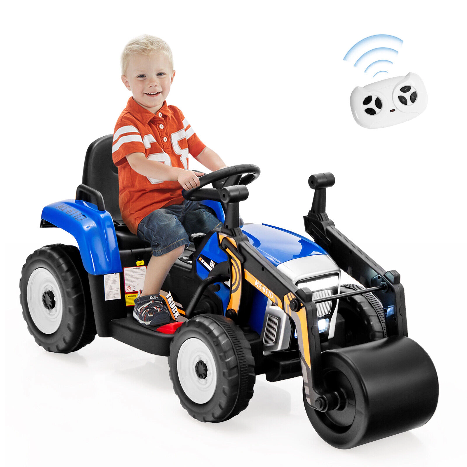 SUGIFT 12V Kids Ride On Road Roller with 2.4G Remote Control 66-lb Capacity Ages 3-8 49-in Long 2-5 mph Blue