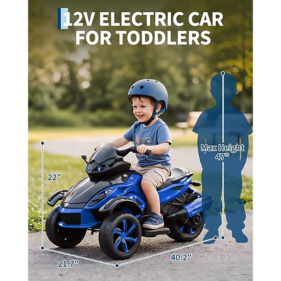Enjyam 12V Kids Ride-On ATV, 3-Wheeler Electric Motorcycle, LED Lights, Music, Treaded Tires, 66Lbs