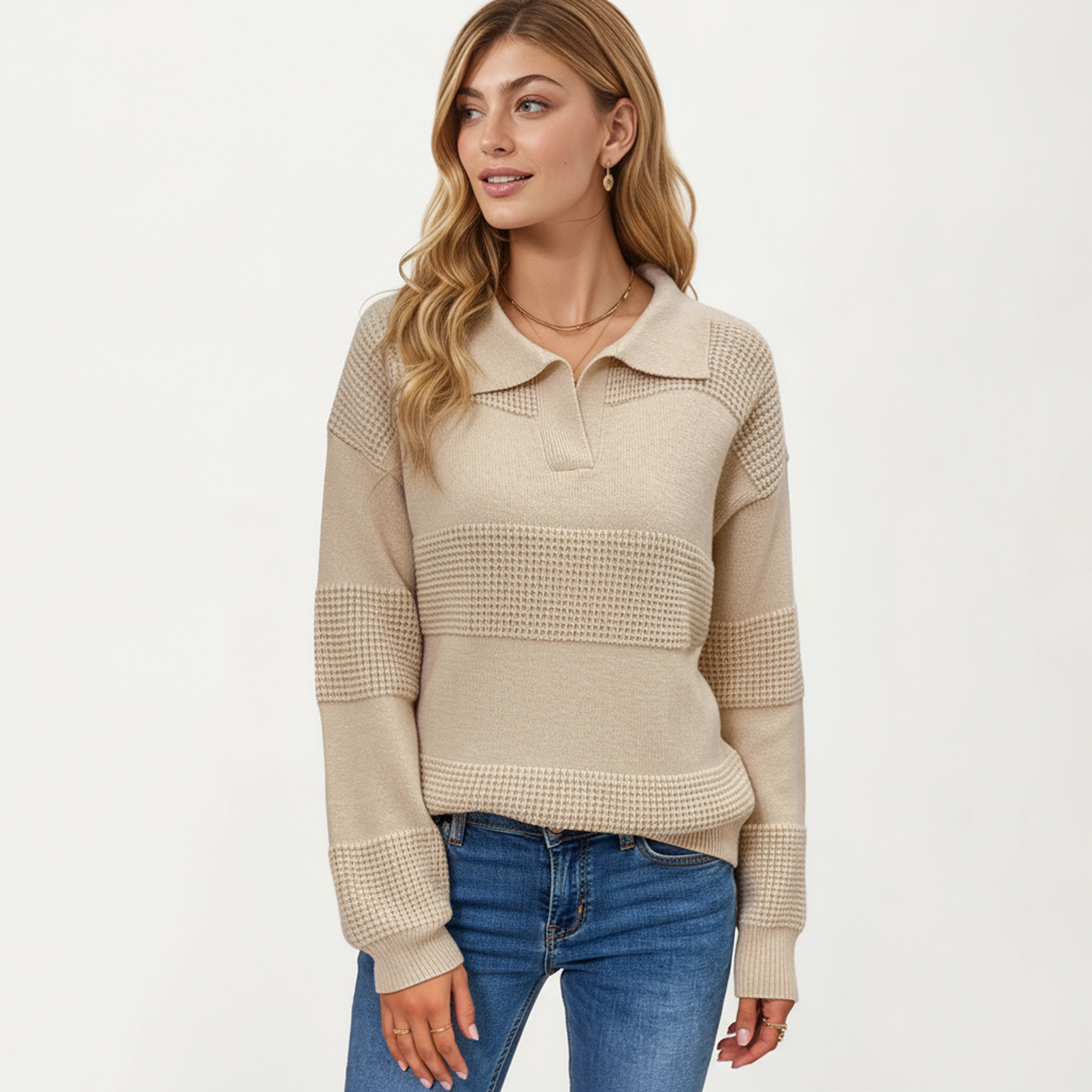 Anna-Kaci Women's Textured Stripe Knit Design Pullover Sweater with Polo Collar