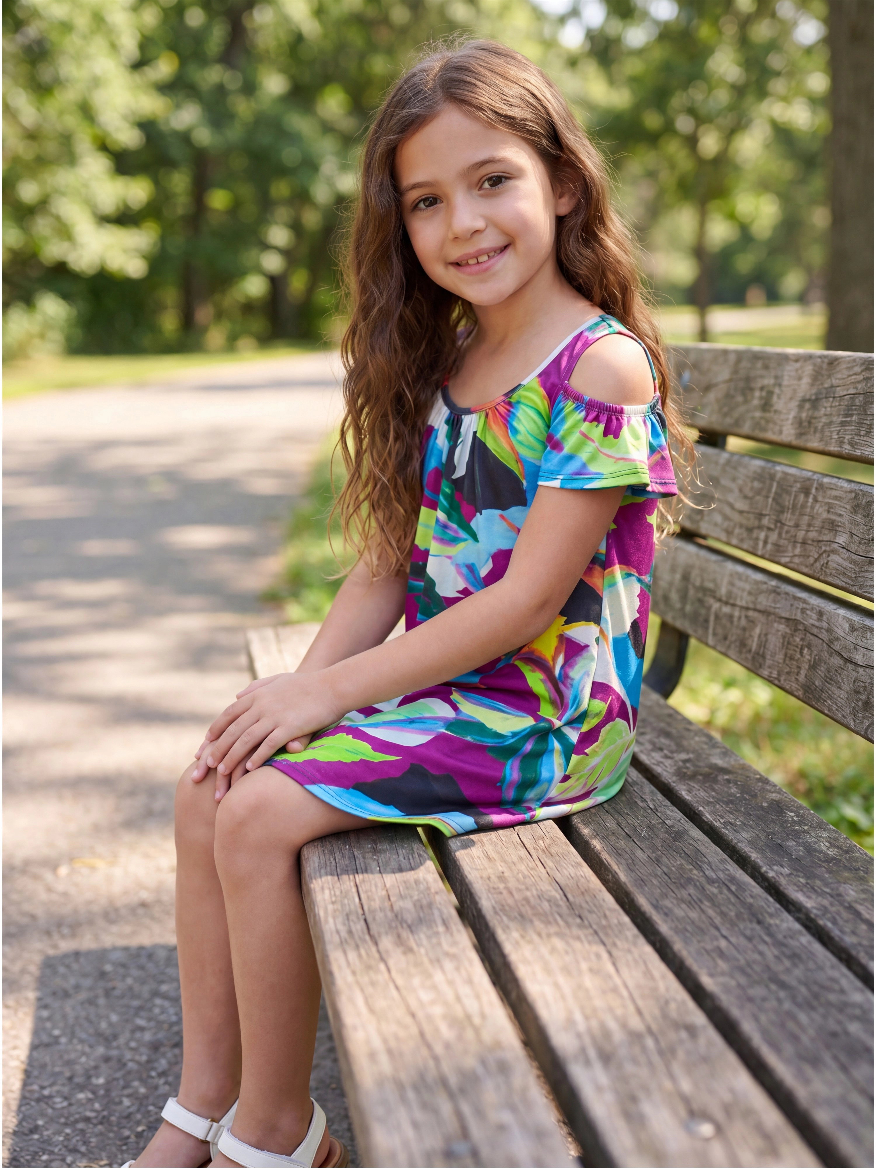 24sevenKid Essential Girls Multicolor Print Cold Shoulder A Line Dress