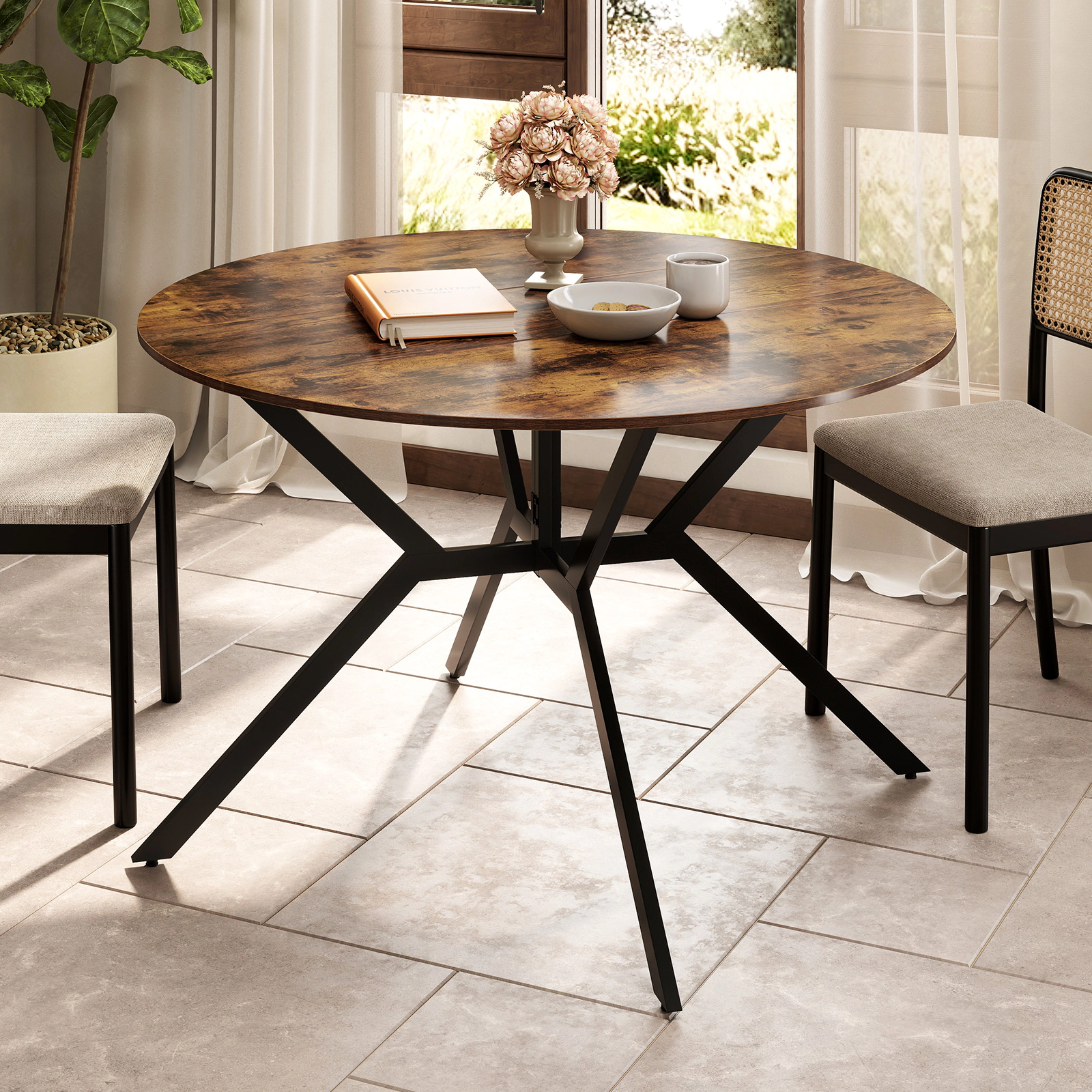 SUGIFT 47-Inch Rustic Brown Round Folding Gateleg Dining Table with Drop Leaves