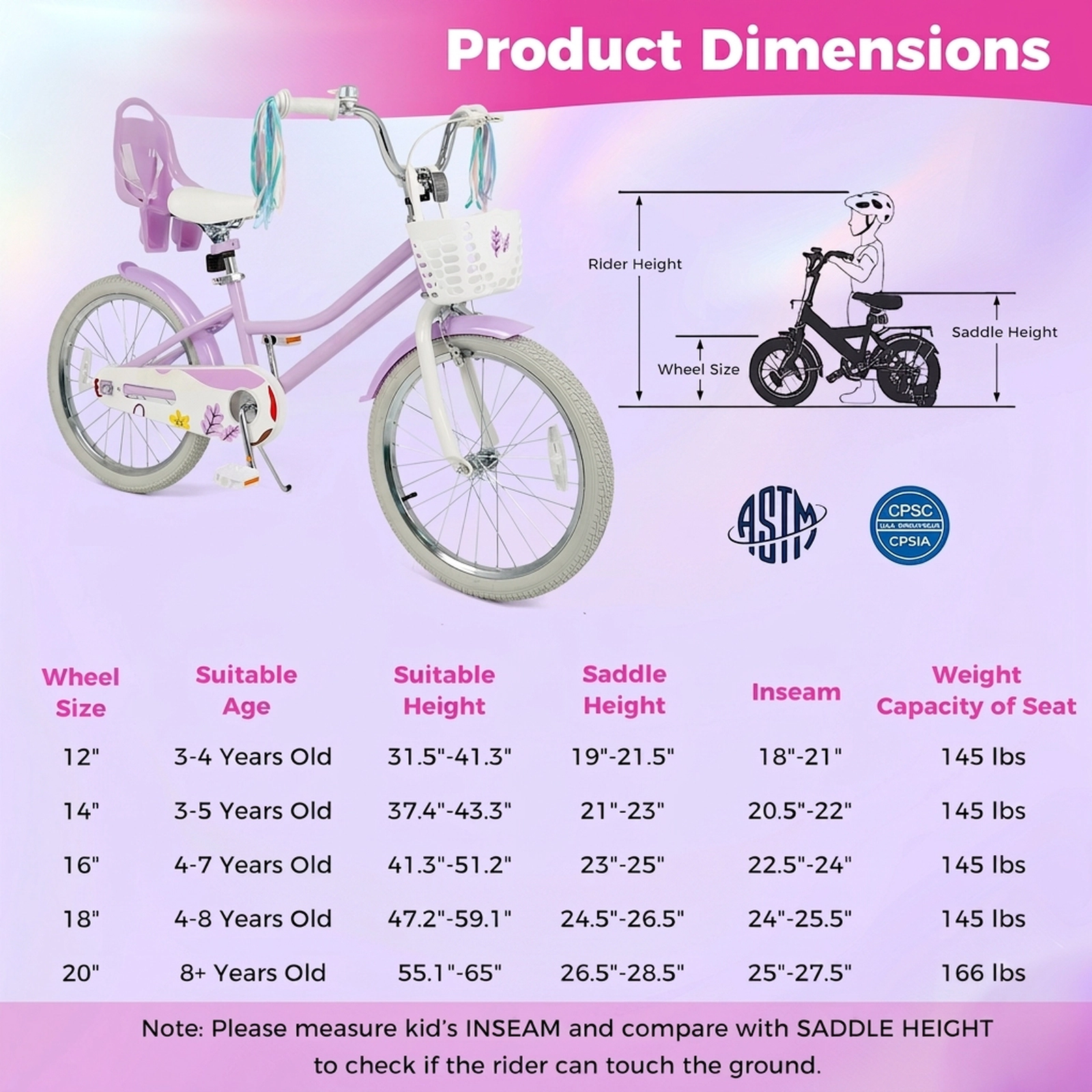 SUGIFT 20-in 166-lb Capacity Girls Bike with Doll Seat Streamers Kickstand and Dual Brake System