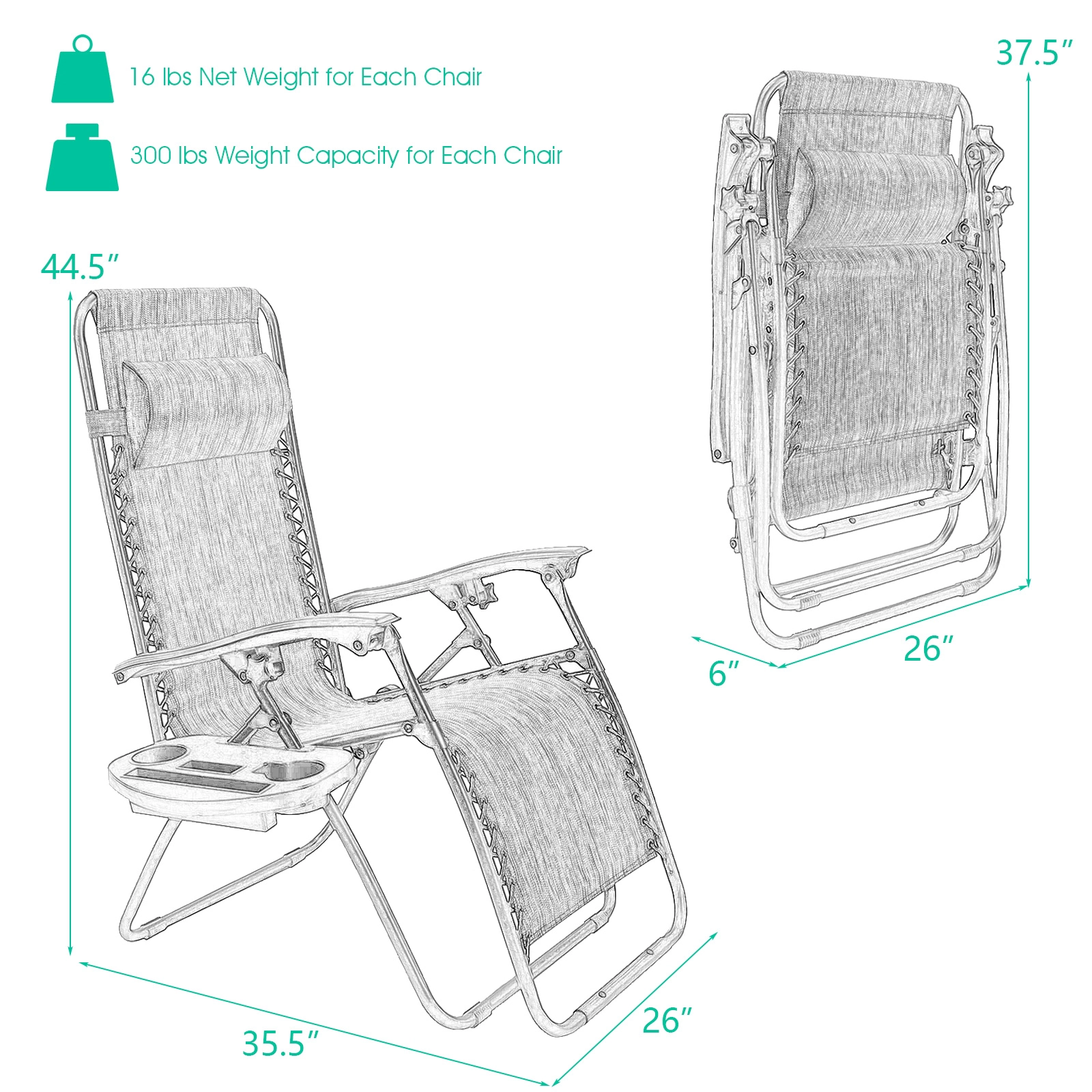 SUGIFT Set of 2 Zero Gravity Lounge Chairs Black Folding Recliners with Trays and Headrests