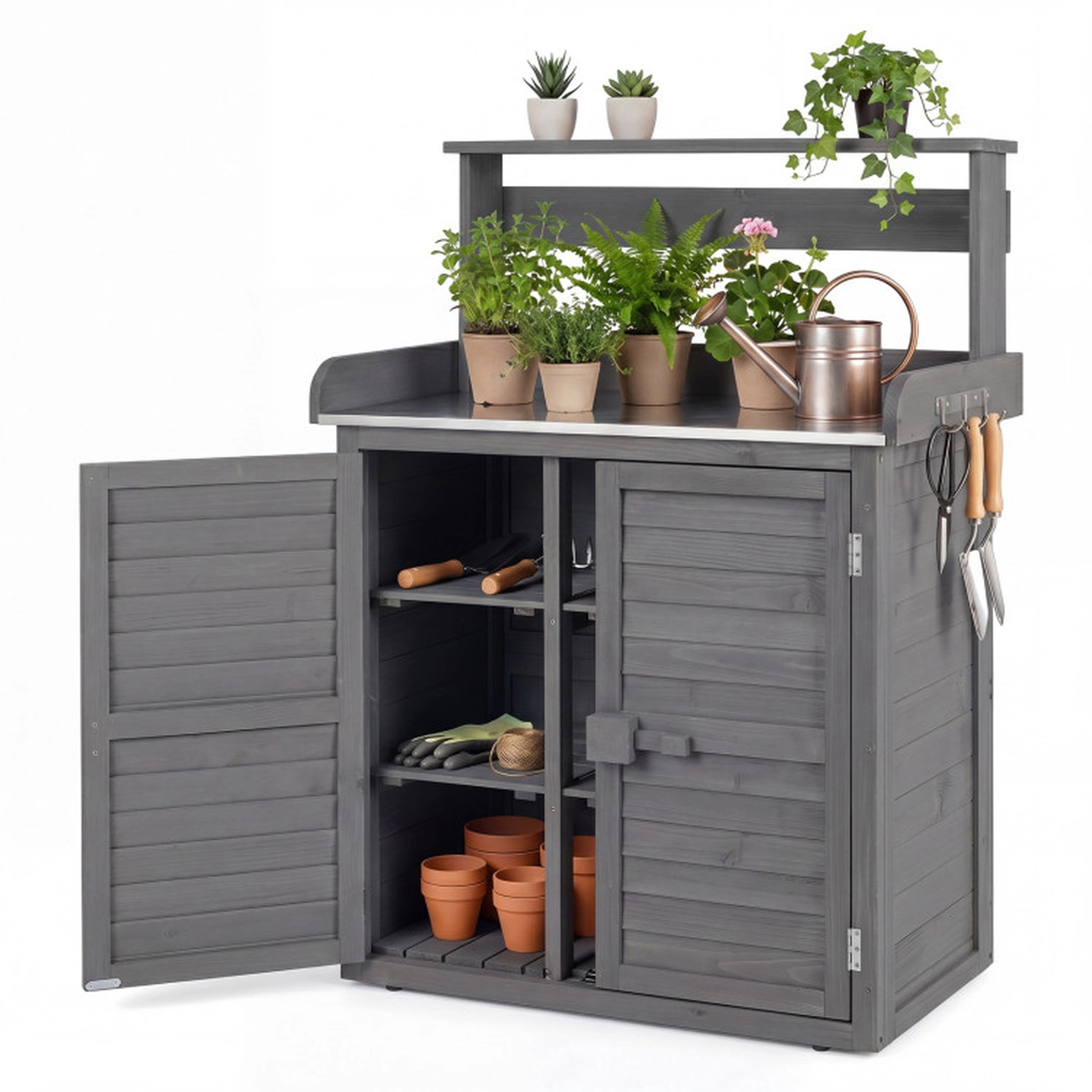 SUGIFT Gray Wood Potting Bench with Stainless Top and Cabinet 34-in W 18-in D 47-in H 110-lb Tabletop Capacity