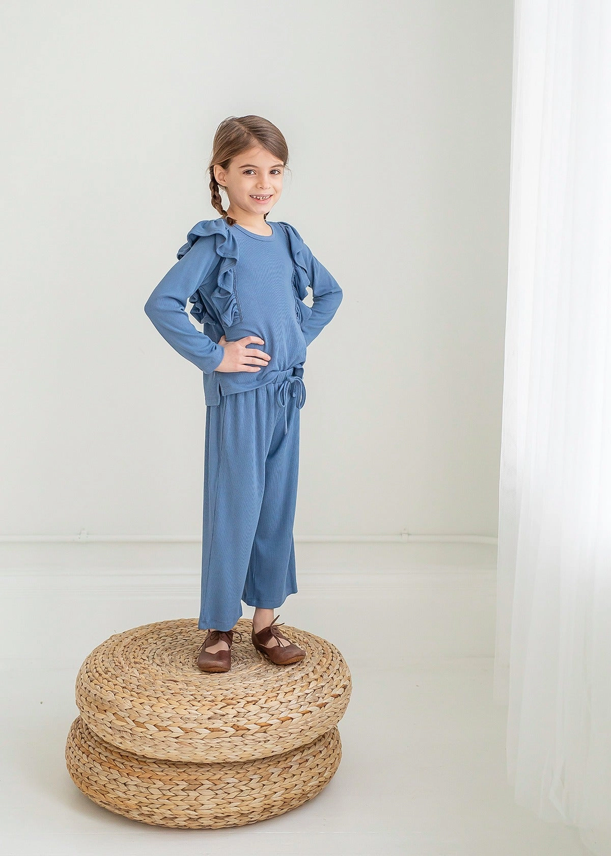 Candy Land Ribbed Knit Two-Piece Set - Long-Sleeve Ruffle Top and Jogger Pant, Dusty Blue