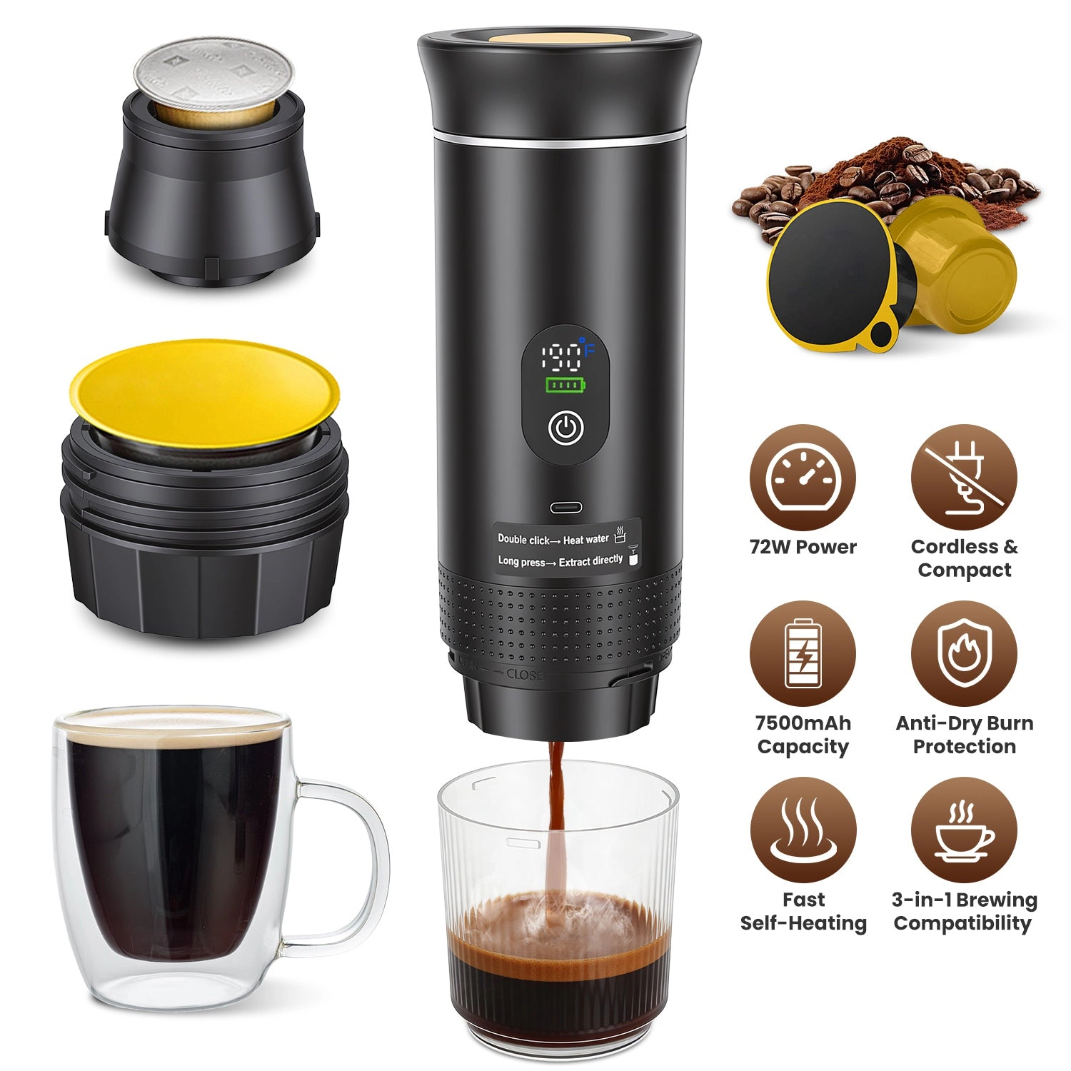 GBruno 3-in-1 Self-Heating Portable Espresso Machine
