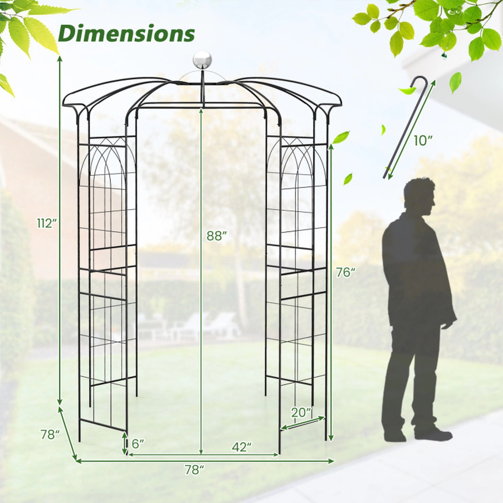 SUGIFT Birdcage Shape Galvanized Metal Garden Gazebo Trellis with 7-lb Hook Capacity Black